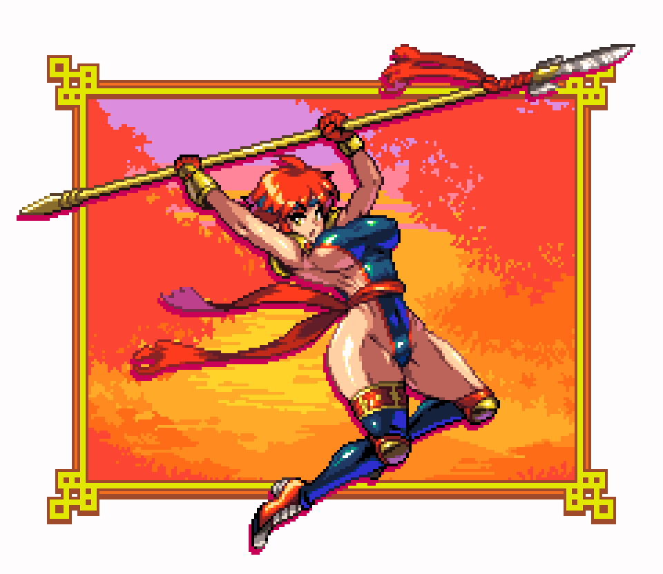 breasts camille_(suikoden) gensou_suikoden gensou_suikoden_i hips huge_breasts lance large_breasts leotard pixel_art polearm red_hair short_hair sideboob sideless_outfit spear suikoden suikoden_i tagme thick_thighs thighs trident weapon white_background wide_hips yumura_kino yumurama