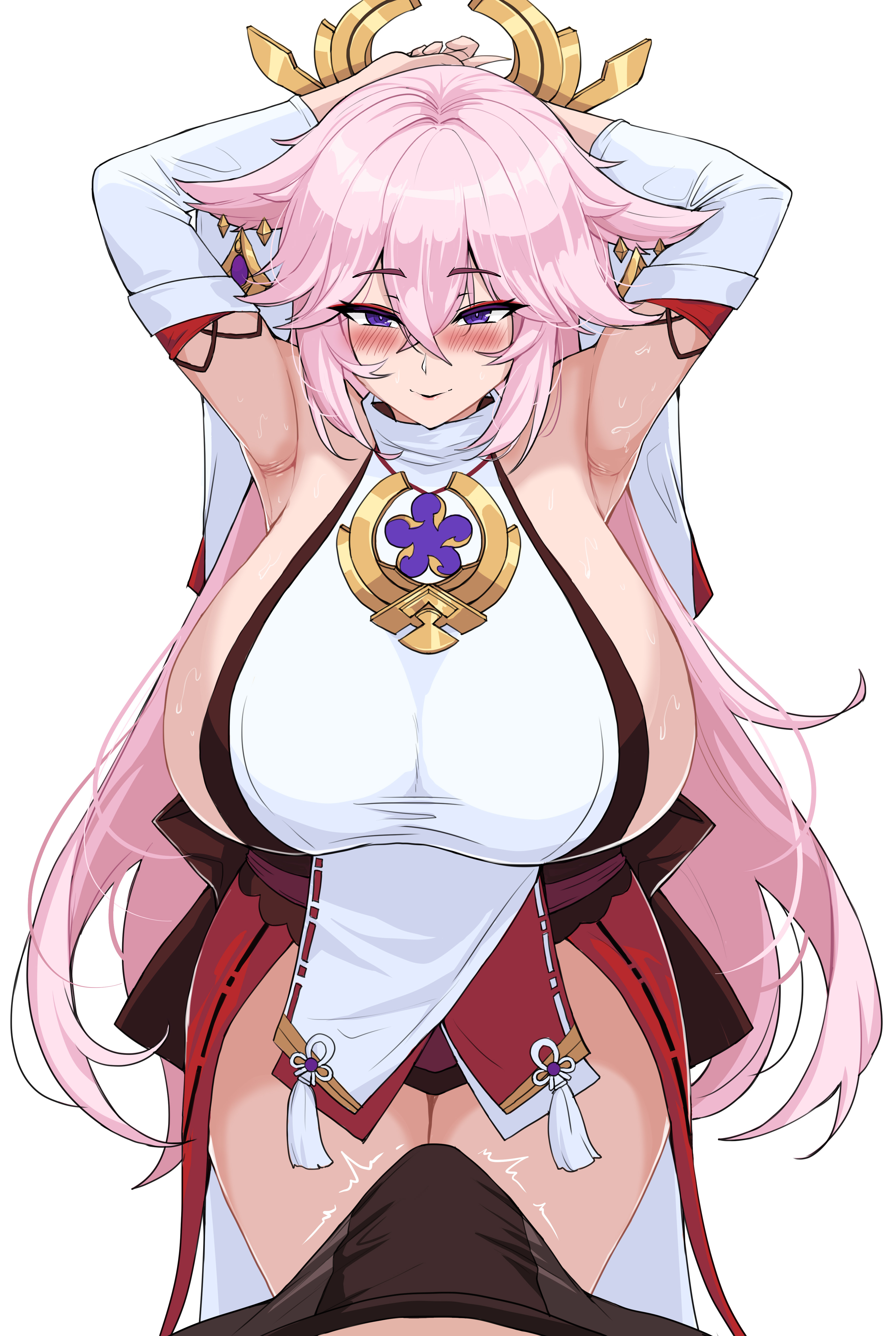 1boy, 1girls, aether (genshin impact), alternate version available, animal ears, armpits, big breasts, blush, breasts, bulge, drogod (artist), earrings, female, genshin impact, hair ornament, hands behind head, hi res, highres, huge breasts, large breasts, long hair, male, pink hair, purple eyes, thick, voluptuous, yae miko