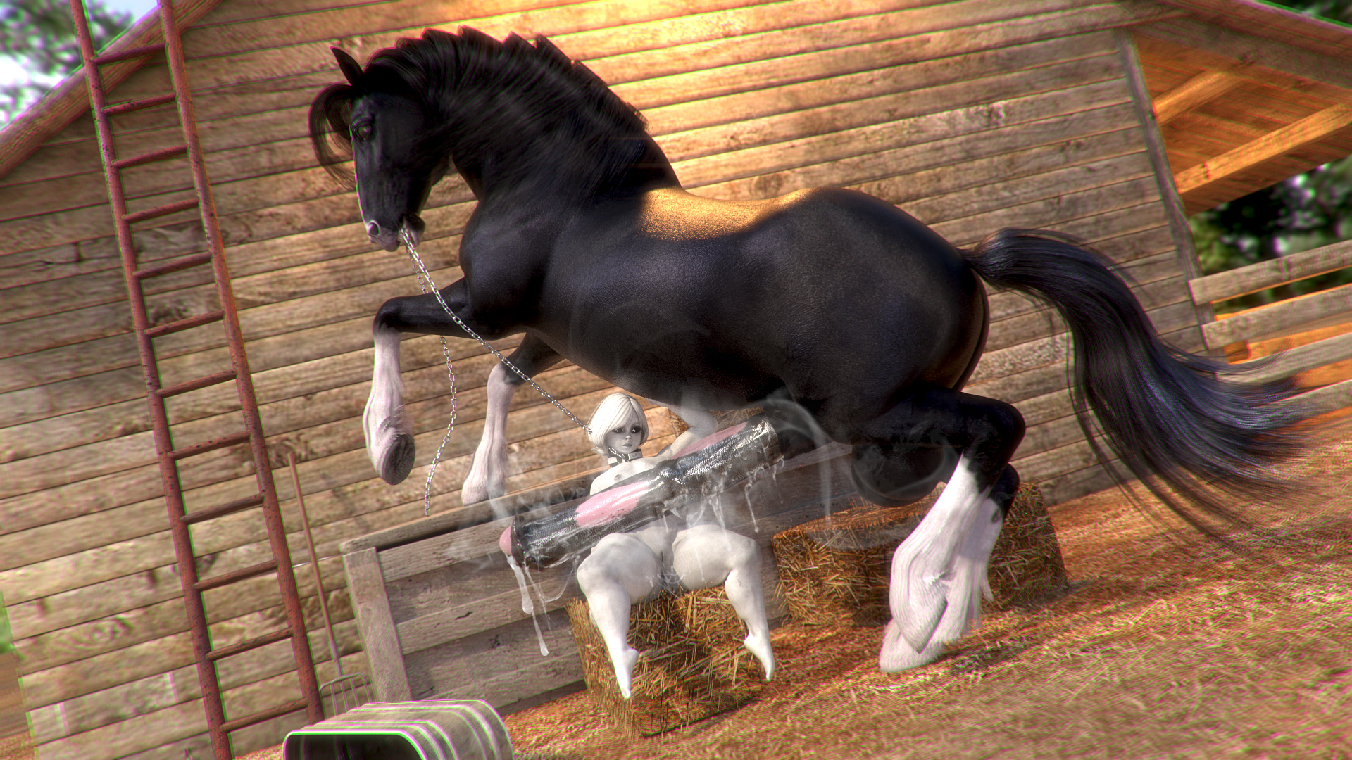 balls, chain, chain leash, chained, collar, dominant feral, equine, equine penis, female, female on feral, femsub, feral, feral holding leash, feral on female, hay bale, horse, horsecock, hyper, hyper balls, hyper penis, imminent rape, male, musky cock, penis, rape, rape face, rivaliant, shortstack, size difference, size play, stallion, texas (rivaliant), white silk, zoophilia