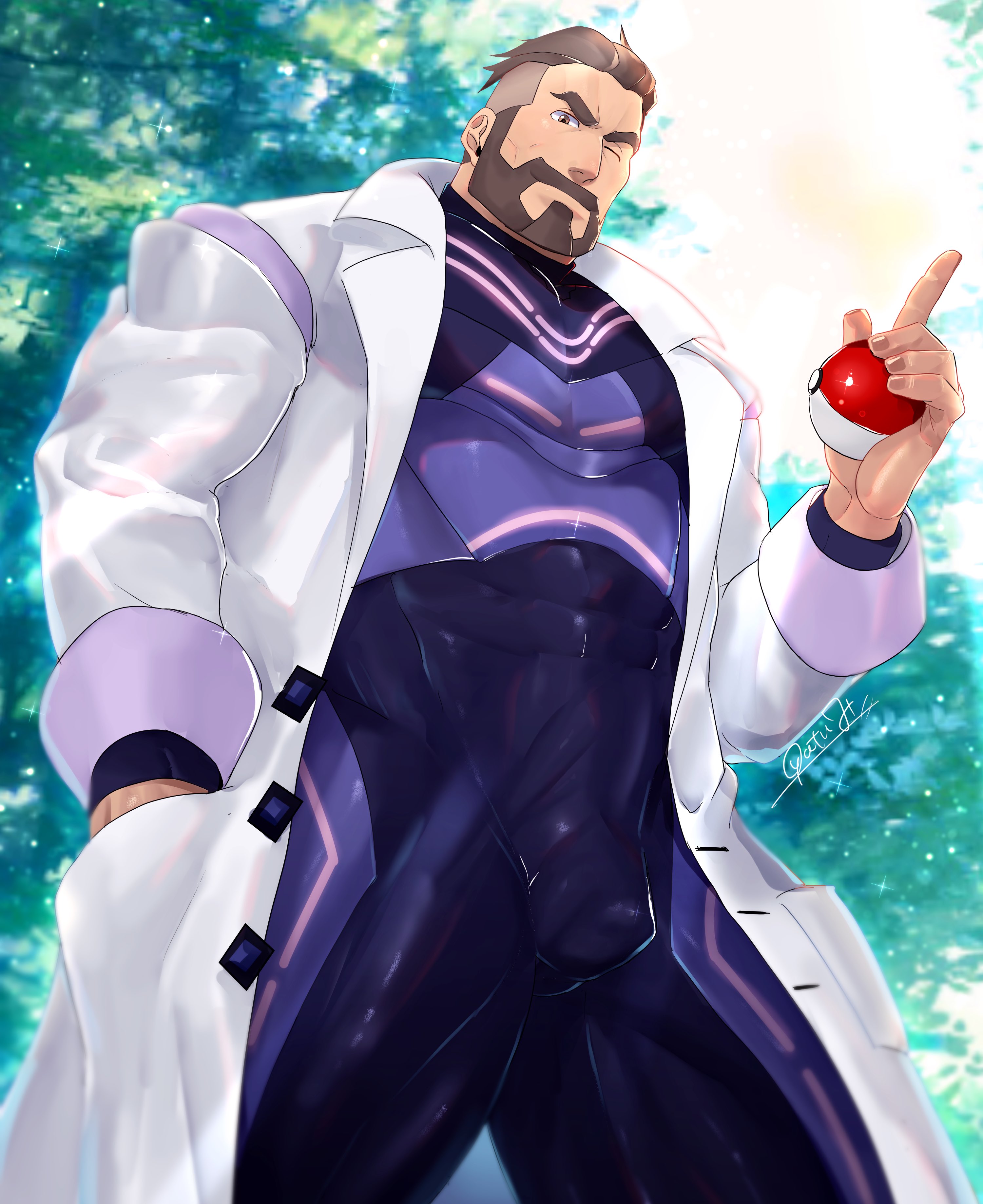 balls, bara, beard, bodysuit, bulge, facial hair, flaccid, game freak, gay, hand in pocket, labcoat, looking at viewer, looking down, male, male only, muscles, muscular, nintendo, npc trainer, oyatu55k, penis, pokeball, pokemon, pokemon sv, professor turo, solo, solo male, winking, yaoi