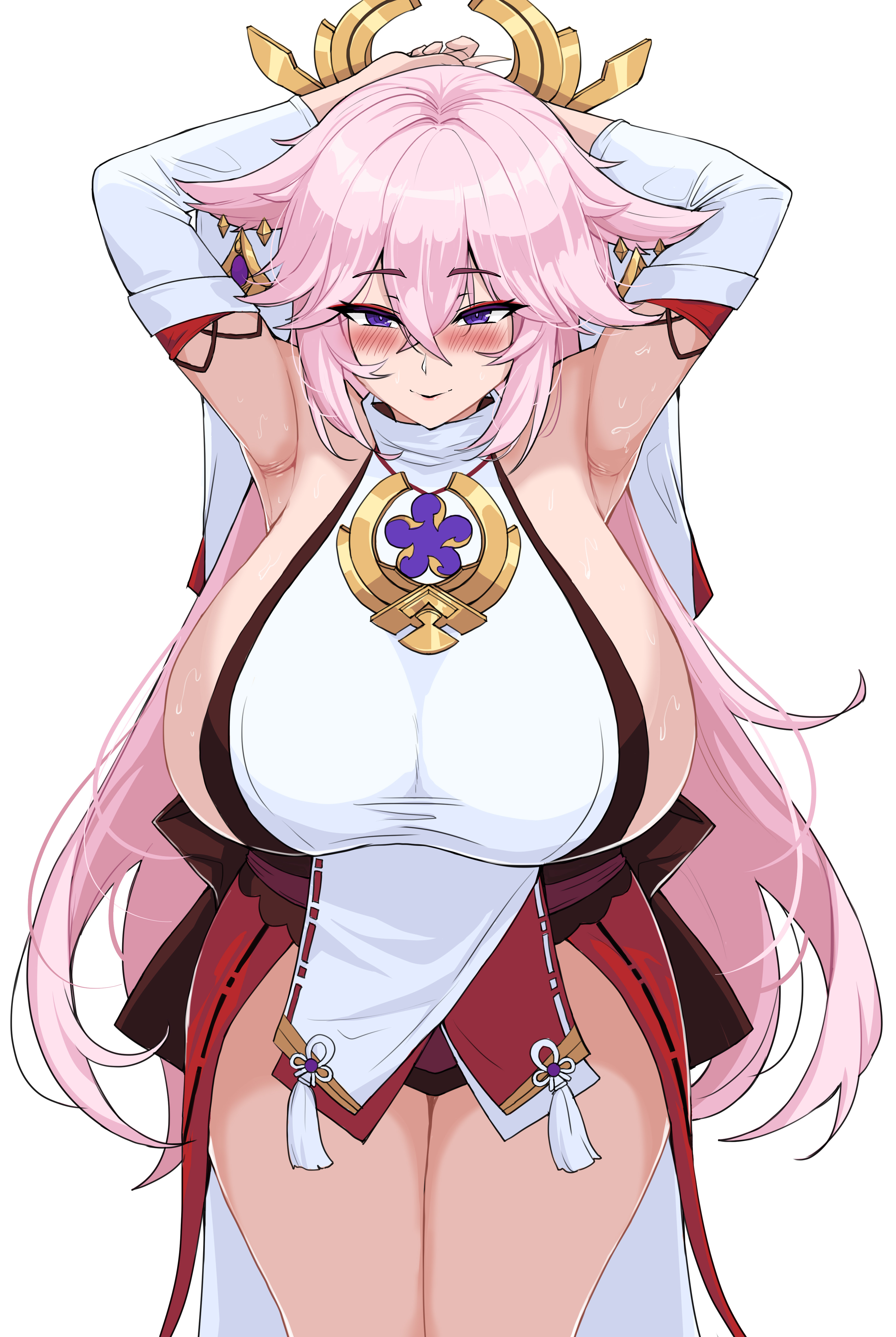1girls, alternate version available, animal ears, armpits, big breasts, blush, breasts, drogod (artist), earrings, female, female only, genshin impact, hair ornament, hands behind head, hi res, highres, huge breasts, large breasts, long hair, pink hair, pov, purple eyes, solo, solo female, thick, voluptuous, yae miko