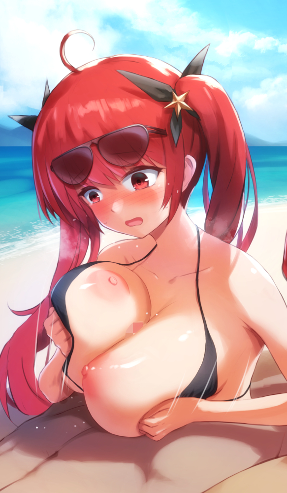 1boy ahoge azur_lane beach bikini bikini_pull black_bikini black_ribbon blue_sky blush breast_squeeze breasts censored clothes_pull cloud collarbone day eyewear_on_head female hair_ornament hair_ribbon heavy_breathing hhh_(wave) honolulu_(azur_lane) honolulu_(summer_accident?!)_(azur_lane) large_breasts long_hair looking_at_penis looking_down mosaic_censoring motion_lines nipples ocean open_mouth outdoors paizuri paizuri_under_clothes penis red_eyes red_hair ribbon sky solo_focus star_(symbol) star_hair_ornament straight sunglasses swimsuit unaligned_breasts