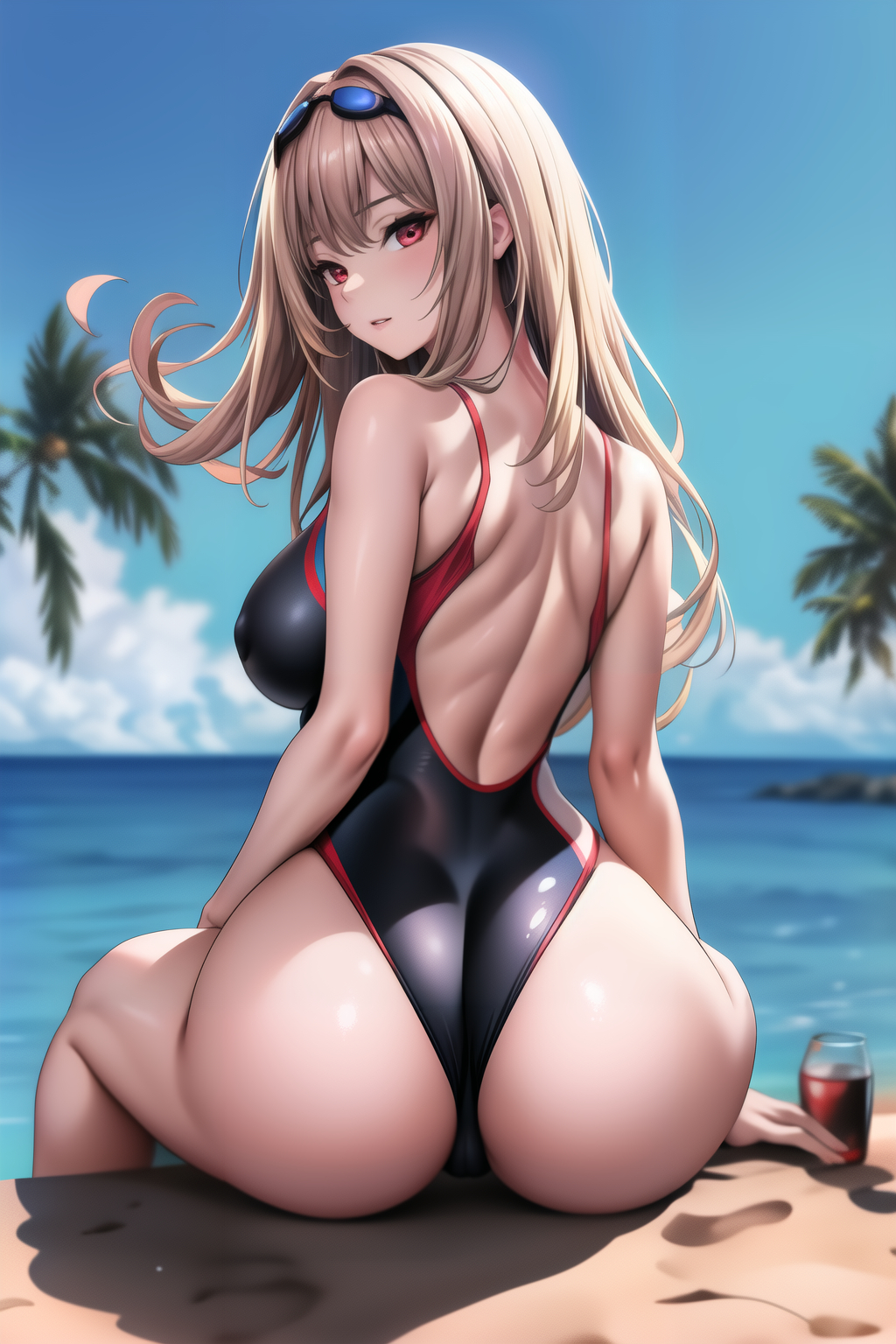 ai generated, alternate costume, ass, ass focus, bare shoulders, blush, breasts, brown hair, female, from behind, goddess of victory: nikke, huge ass, large breasts, long hair, looking at viewer, looking back, official alternate costume, one-piece swimsuit, rapi (classic vacation) (nikke), rapi (nikke), red eyes, shiny, shiny clothes, shiny hair, shiny skin, sideboob, sitting, smile, solo, sunglasses, sunglasses on head, swimsuit