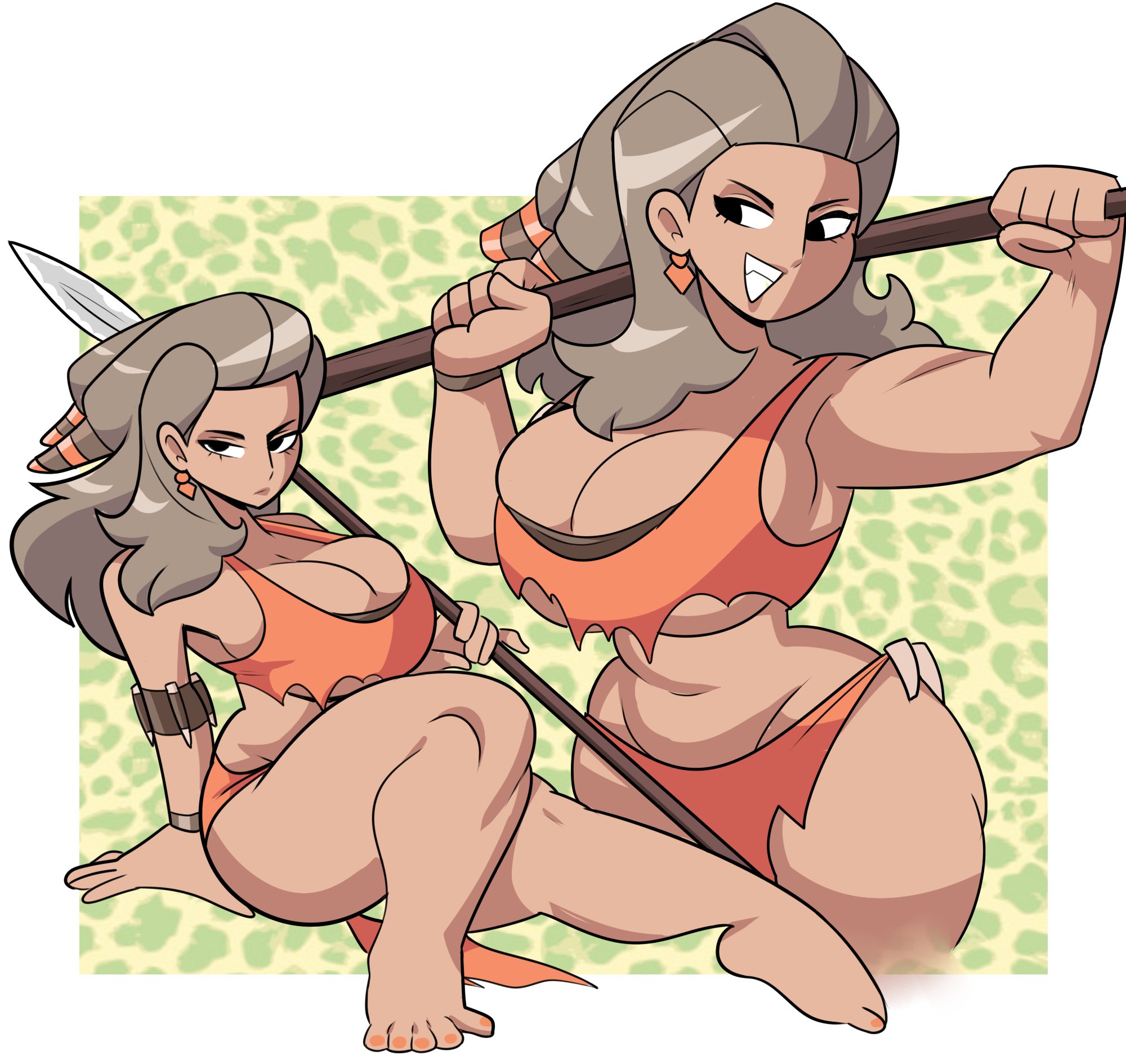 1girls, alternate breast size, big breasts, breasts, cavewoman, dark skin, dark-skinned female, female, huge breasts, long hair, looking at viewer, mature, mature female, nintendo, pokemon, pokemon sv, professor sada (pokemon), sitting, spear, superspoe, thick thighs, voluptuous