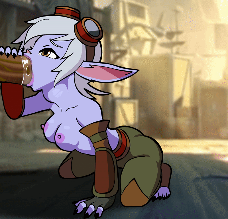 1boy, 1girls, 2d, animal ears, animated, big penis, breasts, dark skin, dark-skinned male, divine wine, fellatio, female, gif, goggles, interspecies, kneeling, league of legends, looking at another, looking up, loop, male, male/female, medium breasts, medium hair, nipples, no bra, oral, pants, penis, saliva trail, short hair, shortstack, tagme, topless, tristana, vampiranhya (artist), video games, yordle