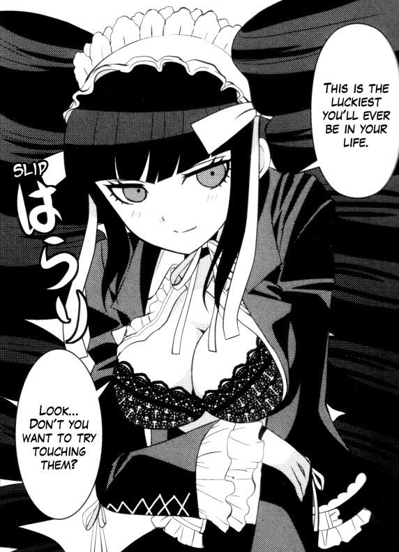 1girls, bra, breasts, celestia ludenberg, comic, comic page, danganronpa, danganronpa 1, danganronpa: trigger happy havoc, english text, female, female only, human, large breasts, monochrome, official art, open clothes, smooth skin, solo, text