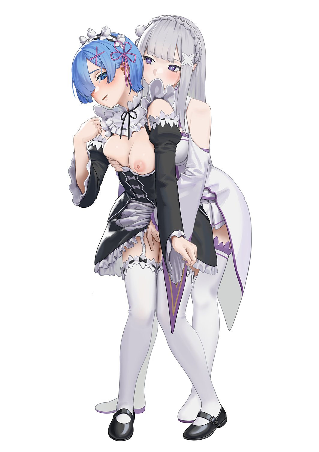 2girls bent_over blue_eyes blue_hair blush carlo_montie dress emilia_(re:zero) fingering fully_clothed maid maid_headdress medium_breasts multiple_girls purple_eyes re:zero_kara_hajimeru_isekai_seikatsu rem_(re:zero) thighhighs under_skirt white_background white_hair white_legwear yuri