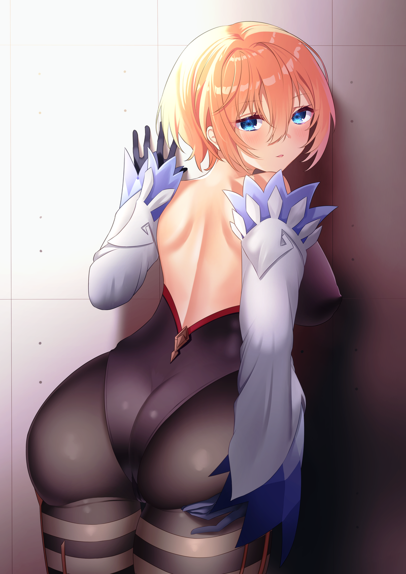 1girls against_wall ass ass_grab back backless_outfit bangs black_legwear black_leotard blonde_hair blue_eyes blue_gloves blush bodystocking bodysuit cosplay deep_skin detached_sleeves eyebrows_visible_through_hair female female_only from_behind ganyu_(genshin_impact) ganyu_(genshin_impact)_(cosplay) genshin_impact gloves grabbing_own_ass huge_ass leotard leotard_under_clothes light-skinned_female light_skin looking_at_viewer oct._(oct18kin) original parted_lips short_hair solo thighlet white_sleeves