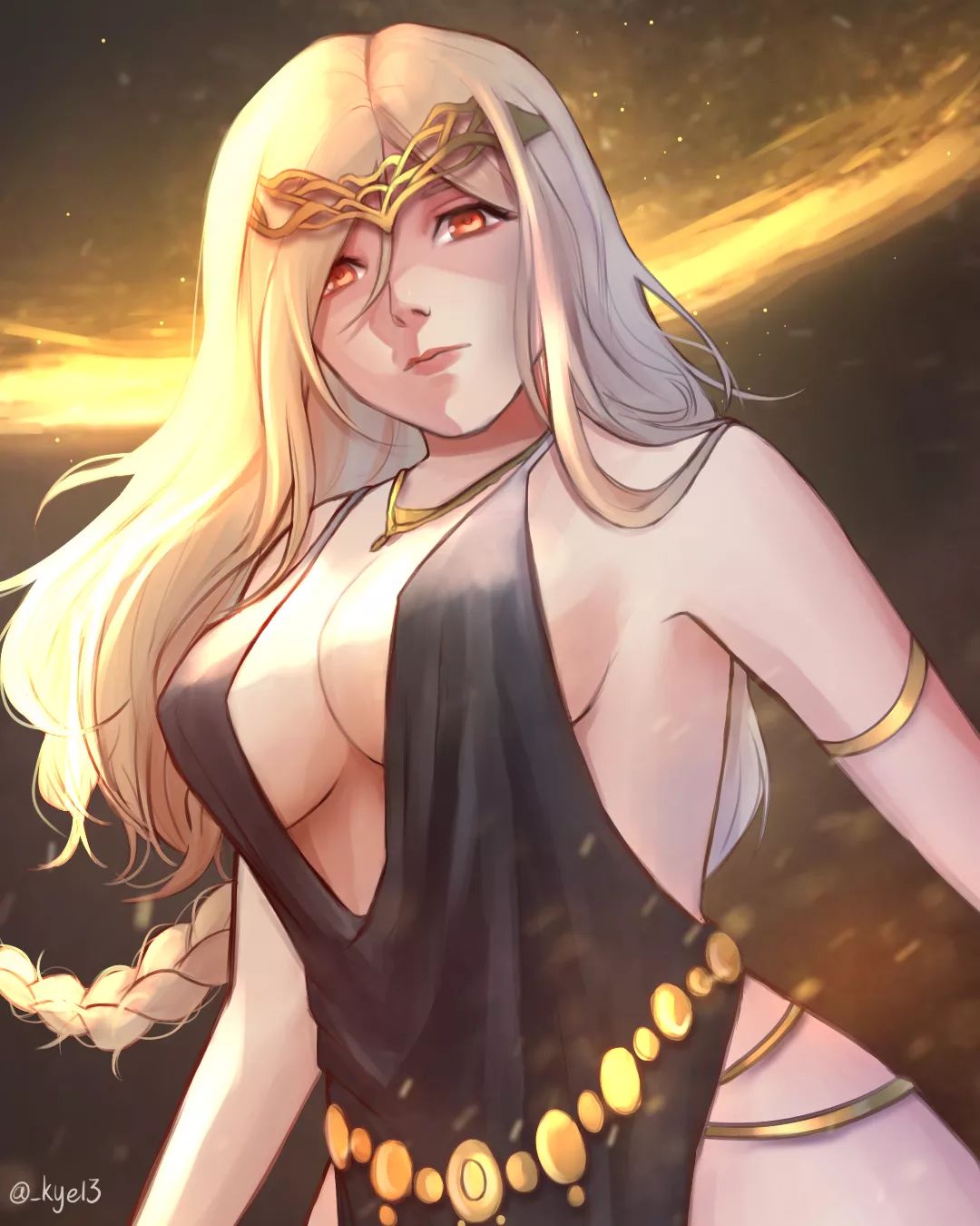 1girls, big breasts, blonde hair, breasts, circlet, cleavage, dress, elden ring, female, female only, fromsoftware, goddess, gold (metal), kye13, light skin, light-skinned female, milf, queen marika the eternal, sideboob, solo, solo female, underboob