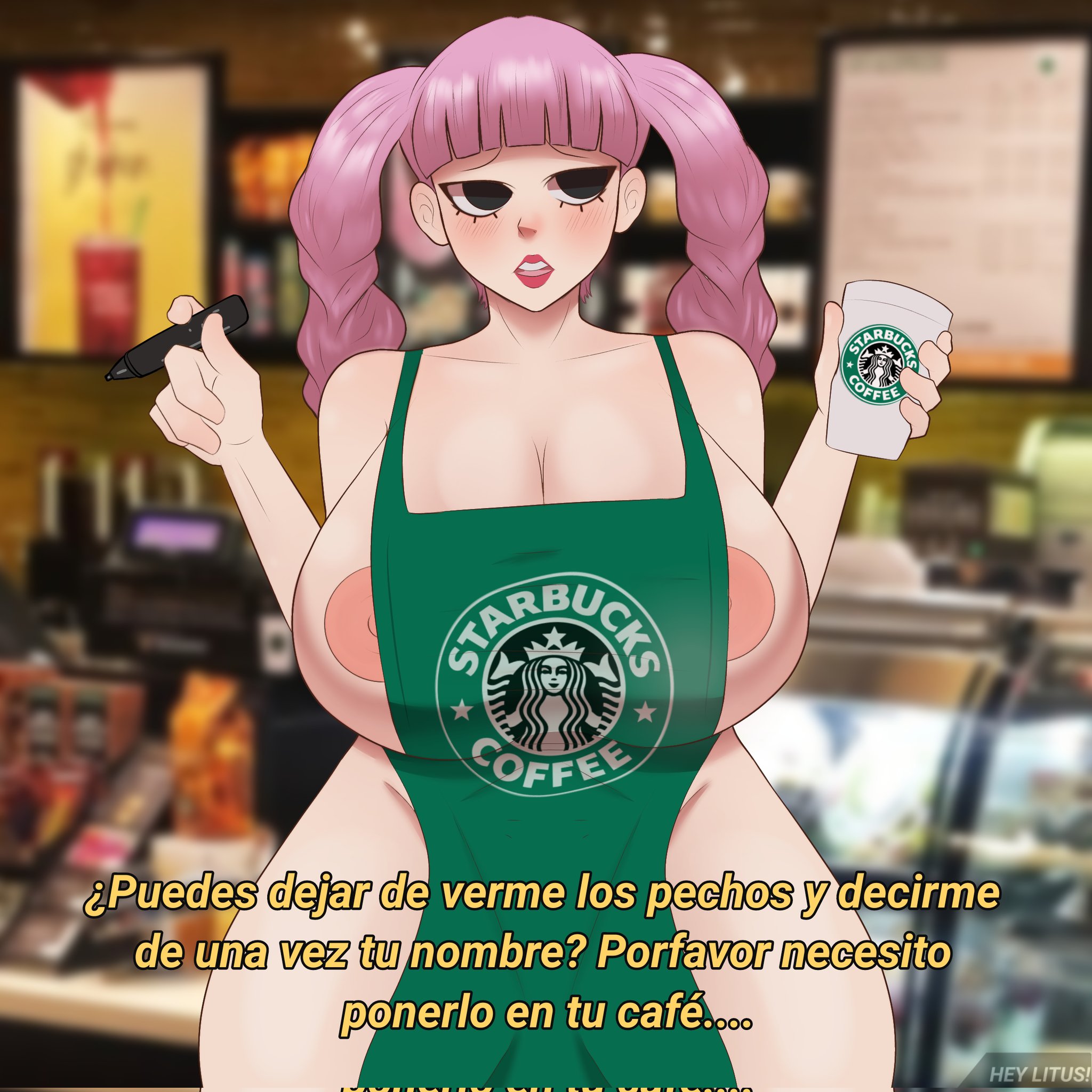 1girls, apron, big eyes, blush, breasts, cup, eyelashes, female, female only, gigantic breasts, hey litus, iced latte with breast milk, looking away, meme, naked apron, one piece, pen, perona, pink hair, spanish text, text, thighs, translated, twintails
