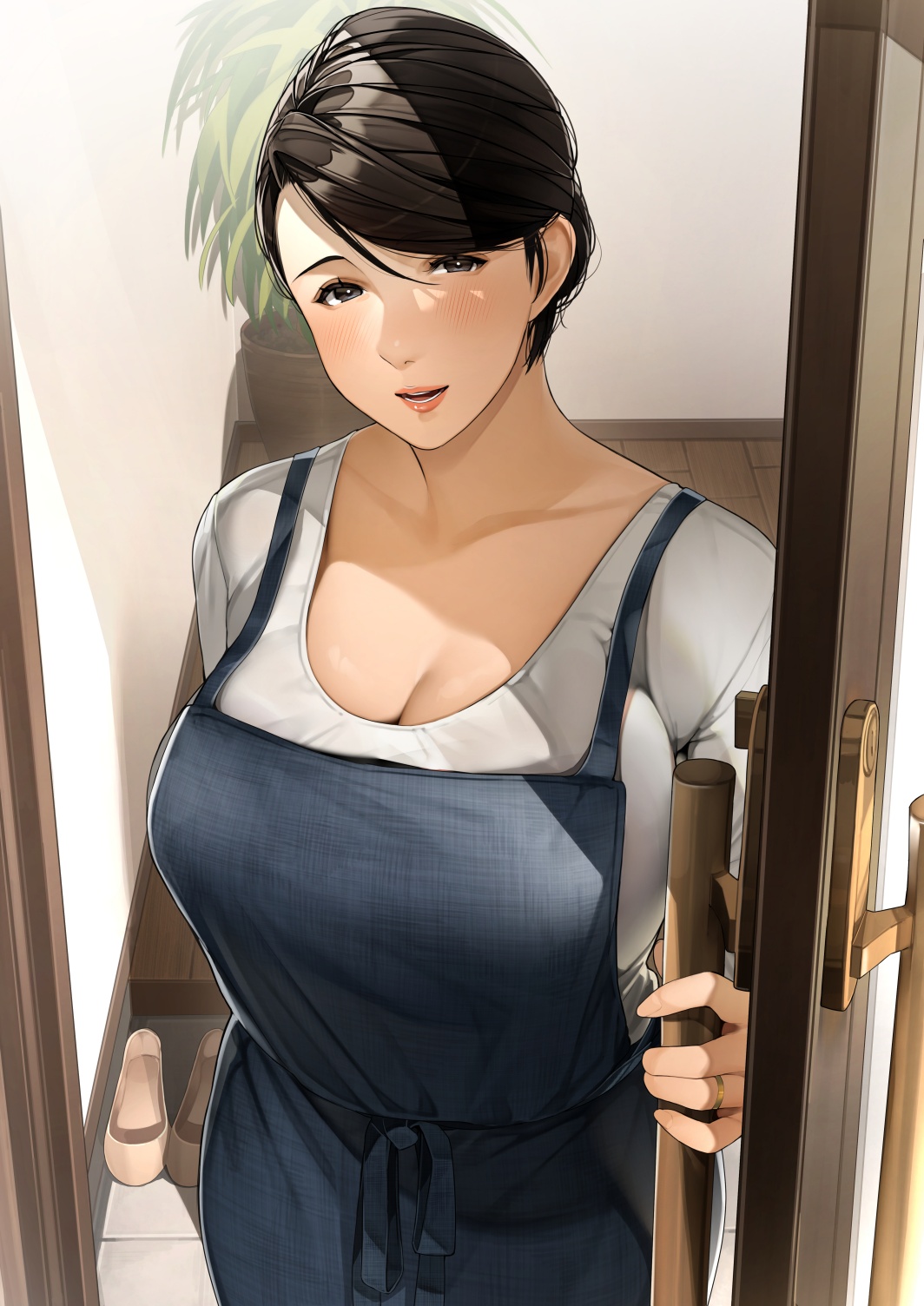 1girls, apron, big breasts, black eyes, black hair, blush, breasts, cleavage, female, female focus, female only, hair bun, highres, indoors, large breasts, looking at viewer, married female, mature female, milf, open door, original, original character, ring, sakuranotomoruhie, shirt, short hair, solo, solo focus, white shirt, wife