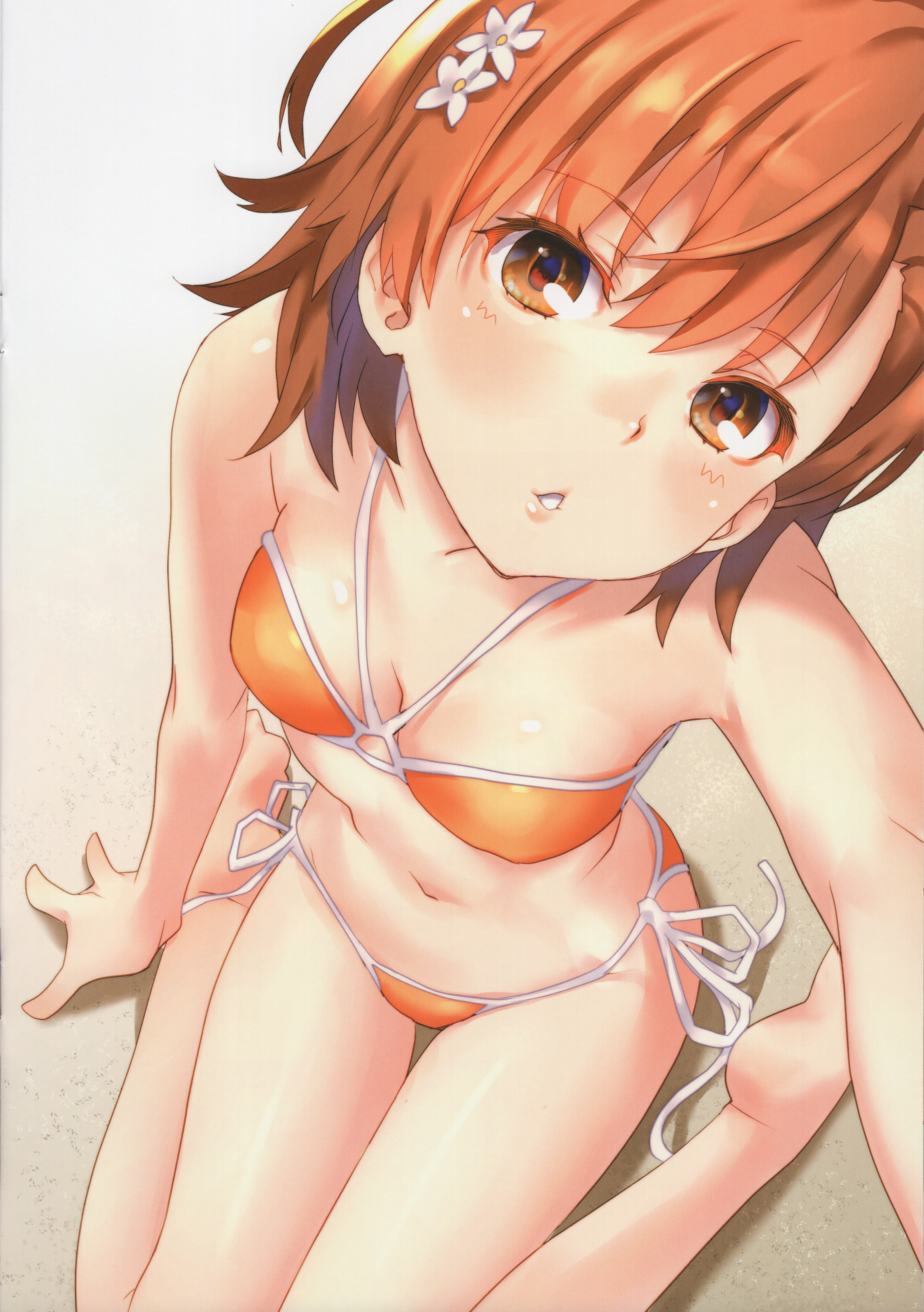:o, 10s, 1girls, 2019, absurd res, bandeau, bangs, bare arms, bare legs, bare shoulders, bare thighs, barefoot, beach, bikini, blush, breasts, brown eyes, brown hair, brunette, collarbone, eyebrows visible through hair, female, female only, flower, hair flower, hair ornament, halterneck, huge filesize, kneeling, lips, looking at viewer, misaka mikoto, navel, orange bikini, parted lips, raika9, sand, scan, shiny, shiny hair, shiny skin, short hair, side-tie bikini, simple background, sitting, small breasts, solo, stomach, swimsuit, teenage female, teenager, thighs, to aru kagaku no railgun, to aru majutsu no index, wariza, young