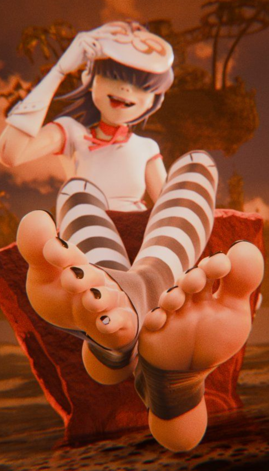1girls, 3d, asian, asian female, bangs over eyes, barefoot, black toenails, blue hair, doopysart (artist), feet, foot fetish, fortnite, fully clothed, gorillaz, mask, mask on head, noodle (gorillaz), noodle (plastic beach), punk, punk girl, purple hair, red scarf, sitting, skinny, solea, soles, stirrup legwear, stirrup stockings, striped legwear, toes, tongue out, white gloves