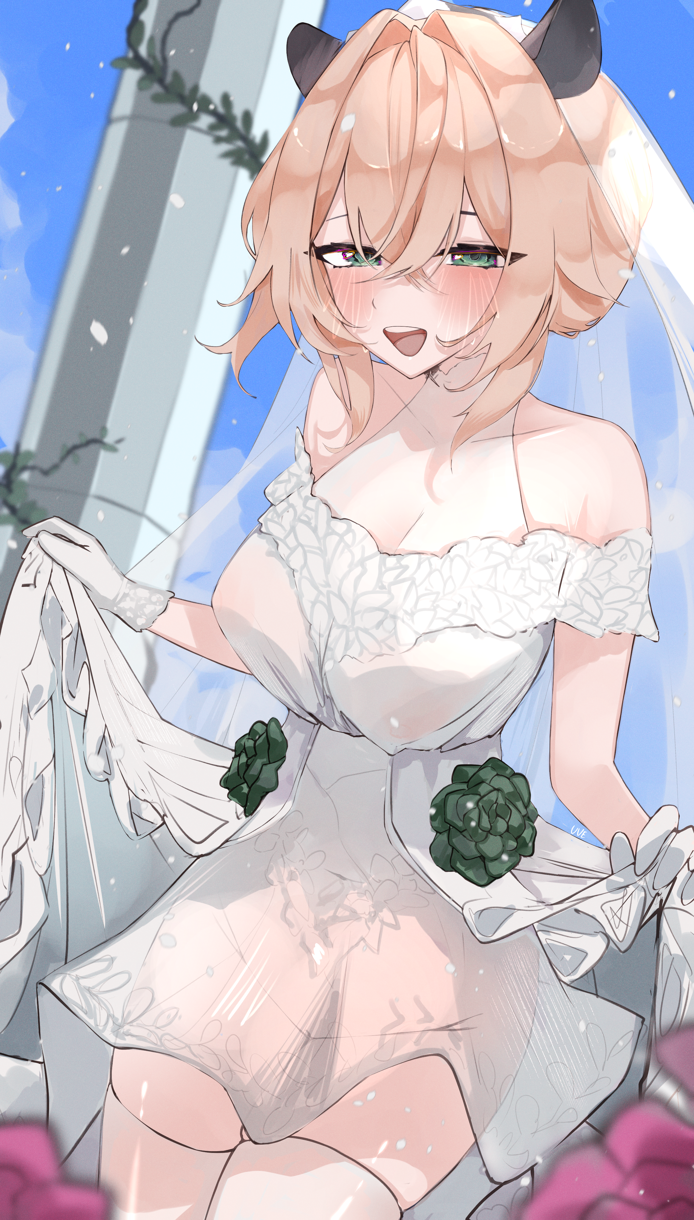 :d, bangs, bare shoulders, blue sky, blurry, blurry background, blurry foreground, blush, breasts, cowboy shot, day, depth of field, dress, dress lift, eyebrows visible through hair, female, flower, frills, gloves, green eyes, hair between eyes, large breasts, lifted by self, long hair, looking at viewer, nimi nightmare, nipples, open mouth, outdoors, see-through, sky, smile, solo, thighhighs, virtual youtuber, wedding dress, white dress, white gloves, white legwear
