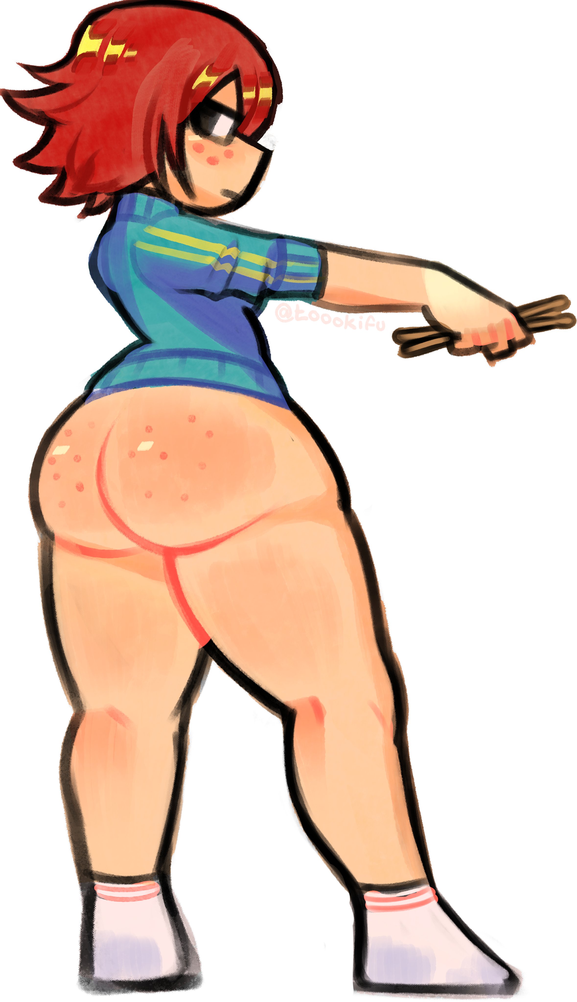 1girls, 2025, ass, ass freckles, big ass, big butt, bottomless, chubby, female, female only, freckles, freckles on ass, kim pine, looking at viewer, partially clothed, red hair, scott pilgrim, socks, solo, tagme, thick thighs, toookifu