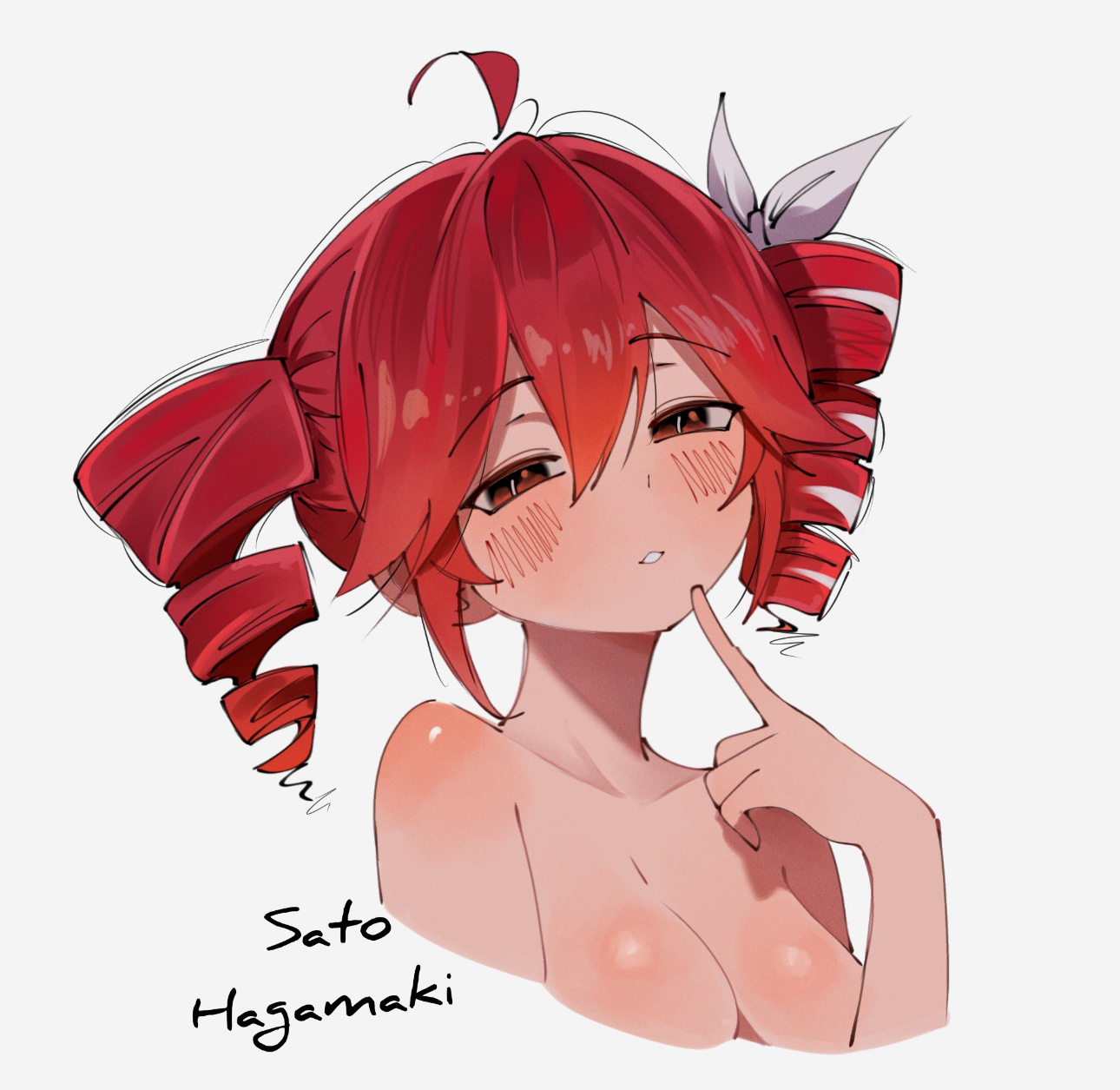 blush, breasts, finger to mouth, kasane teto, kasane teto (sv), looking at viewer, naked, red eyes, red hair, sato hagamaki, synthesizer v, utau