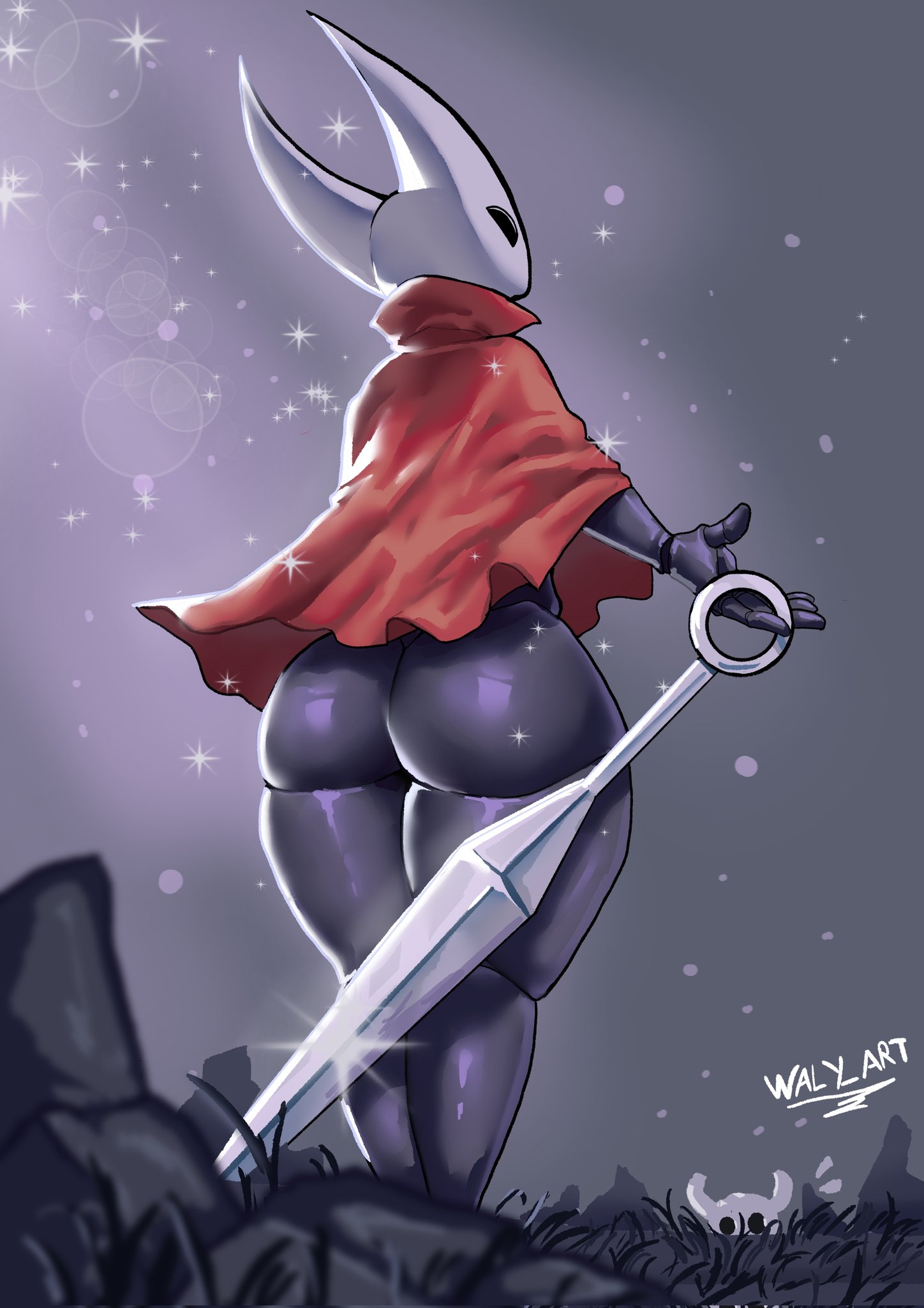1girls, 2 horns, artist name, ass, big ass, big butt, black body, black skin, bubble ass, bubble butt, bug, bug girl, female, hollow knight, hornet (hollow knight), large ass, large butt, silksong, waly xox