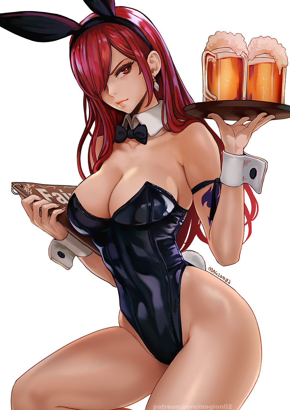 1girls, arm tattoo, bare shoulders, beer, big breasts, blue tattoo, bowtie, breasts, bunny ears, bunny girl, bunny tail, bunnysuit, busty, cleavage, collar, cuffs, curvaceous, curvy, curvy figure, ear piercing, earrings, erza scarlet, fairy tail, fairy tail mark, fake animal ears, fake tail, female, female focus, female only, hair over one eye, hairband, large breasts, light skin, light-skinned female, lips, lipstick, long hair, looking at viewer, magion02, nail polish, painted nails, pink lips, pink lipstick, pinup, pose, posing, realistic, red eyes, red hair, red-haired female, solo, solo female, solo focus, tattoo, tattoo on arm, tattooed arm, thick thighs, thighs, voluptuous, waitress, wide hips