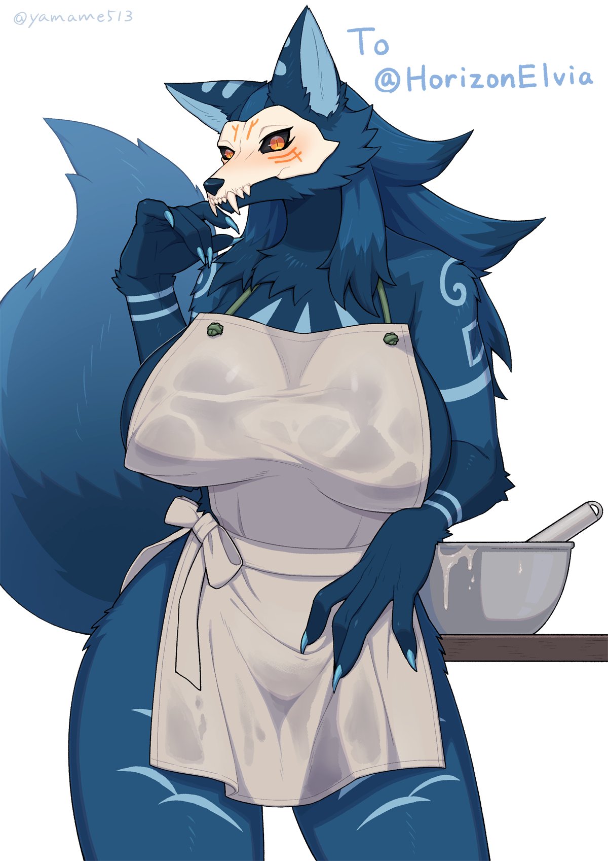 abyssal_wolf anthro apron apron_only bone breasts canid canine canis claws clothing cooking elvia female hi_res mammal mask mostly_nude portrait sharp_claws side_boob skull skull_mask solo standing tagme three-quarter_portrait wide_hips wolf yamame513