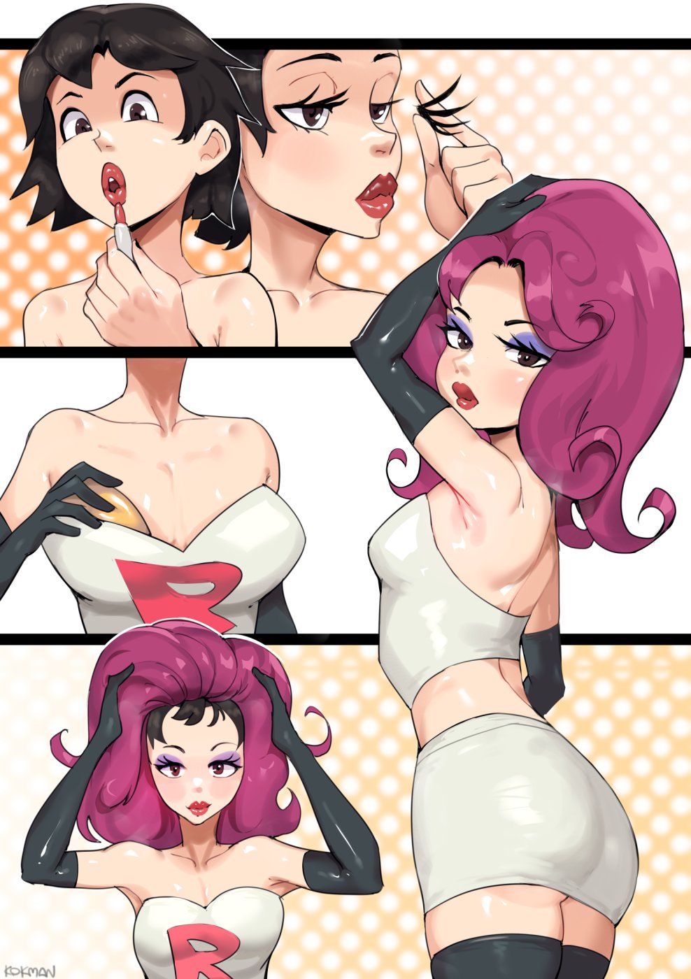 1boy, applying lipstick, comic, crossdressing, femboy, jessie (pokemon) (cosplay), kokman, lipstick, male, nemkok, pink hair, pokemon, satoshi (pokemon), solo, wig