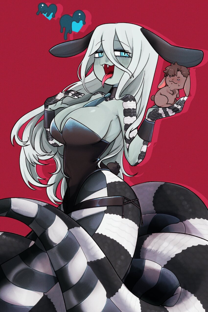 absurdres, animal, animal ears, animalization, black leotard, black scales, blue eyes, borrowed character, breasts, colored skin, commentary, commission, detached collar, edan (sparrowl), english commentary, fake animal ears, fake tail, fangs, female, green skin, hair between eyes, hands up, heart, highres, holding, holding animal, ivy (sparrowl), lamia, large breasts, leotard, long hair, looking at viewer, monster girl, naga, open mouth, original, rabbit, rabbit ears, rabbit tail, red background, scales, simple background, slit pupils, solo, sparrowl, tail, tongue, tongue out, upper body, very long hair, white hair, white scales, wrist cuffs