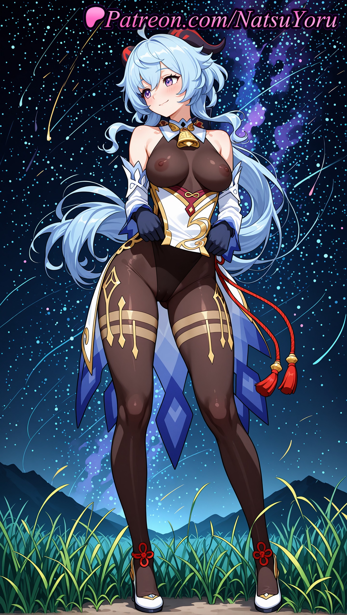 1girls, 2025, ahoge, ai generated, bangs, bare shoulders, bell, blue hair, blush, bodystocking, breasts, clothes lift, covered nipples, detached sleeves, female, full body, ganyu (genshin impact), ganyu (genshin impact) (cosplay), genshin impact, gloves, gold trim, groin, hi res, highres, horns, hoyoverse, leotard, leotard under clothes, lifted by self, long hair, looking at viewer, looking to the side, mihoyo, mihoyo technology (shanghai) co. ltd., natsuyoru, neck bell, night, outdoors, pantyhose, patreon, pelvic curtain lift, purple eyes, sky, smile, solo, standing, star (sky), starry sky, voluptuous, voluptuous female