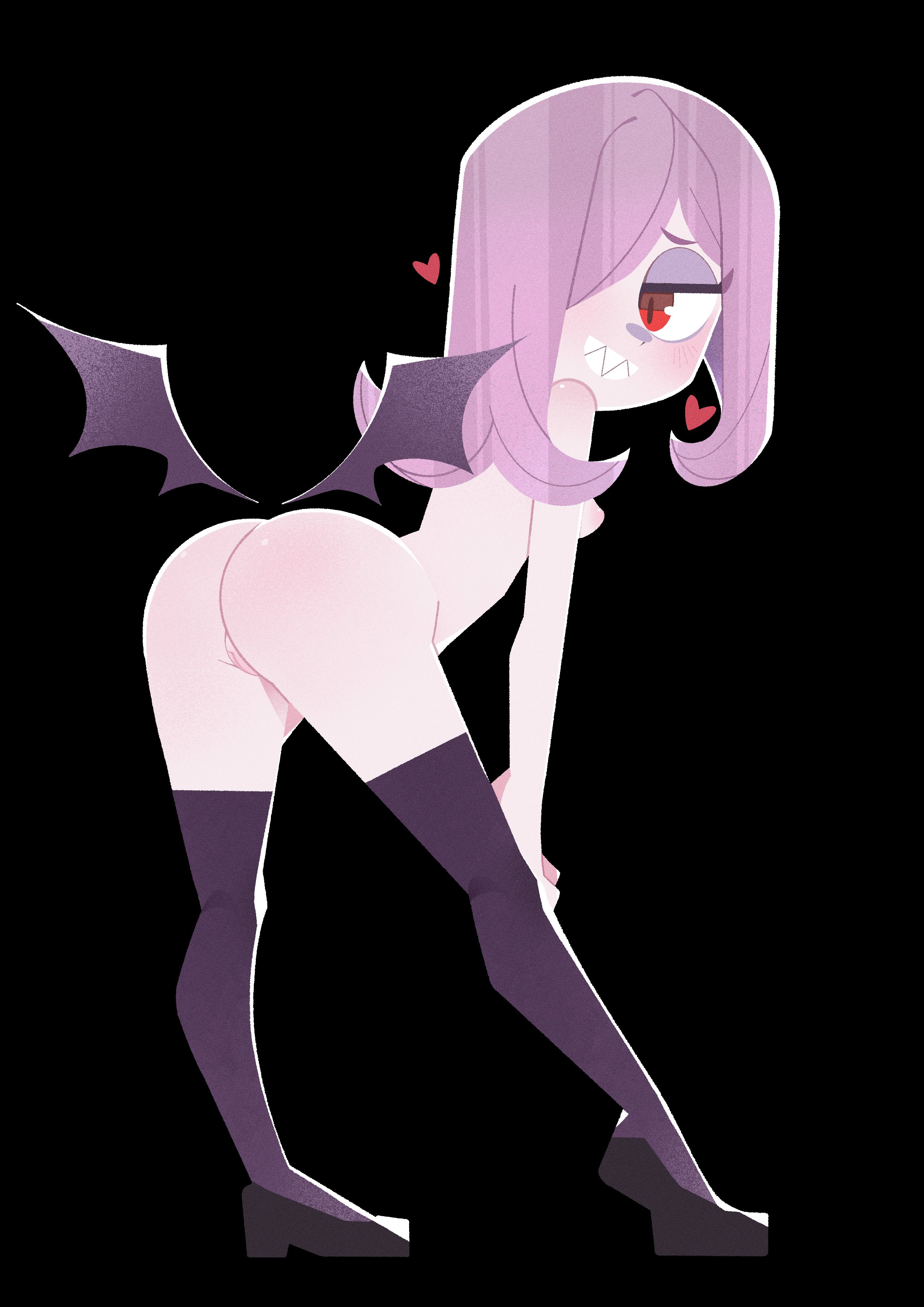 1girls, 2d, 2d (artwork), absurd res, arched back, areola, areolae, ass, ass focus, athletic, athletic female, back view, bare arms, bare ass, bare back, bare breasts, bare chest, bare midriff, bare shoulders, bare skin, barely clothed, bedroom eyes, behind view, bent forward, bent over, big ass, big butt, big thighs, black background, blush, blush lines, blushing female, bottom heavy, bottomless, bottomless female, breasts, bubble ass, bubble butt, butt focus, butt wings, clenched teeth, clothes, clothing, curvaceous, curvy, curvy body, curvy female, cute, cute face, dat ass, digital drawing (artwork), digital media (artwork), exposed, exposed ass, exposed breasts, exposed midriff, exposed nipples, exposed pussy, exposed shoulders, eyebrows, eyelashes, eyeshadow, female, female only, fit, fit female, flats, full body, functionally nude, functionally nude female, glistening, glistening body, glistening breasts, glistening butt, glistening eyes, glistening skin, grey body, grey skin, hair over eye, hair over one eye, half-closed eyes, heart, hearts around head, huge ass, huge butt, human, human only, labia, labia majora, leaning forward, legwear, light skin, light-skinned female, little witch academia, long hair, looking back, midriff, naked, naked female, naked footwear, naked stockings, naked thighhighs, naked with shoes on, narrowed eyes, nipples, no bra, no panties, no underwear, not furry, noxintwice, noxtwice, nude, nude female, outline, pale skin, pale-skinned female, perky breasts, pink areola, pink eyeshadow, pink hair, pink nipples, pose, posing, presenting, presenting ass, presenting butt, presenting hindquarters, purple clothing, purple legwear, purple stockings, purple thighhighs, pussy, rear view, red eyes, seductive, seductive eyes, seductive look, seductive pose, sexy, sexy body, sexy pose, sharp teeth, shiny ass, shiny body, shiny breasts, shiny butt, shiny skin, shoes, showing ass, showing off, showing off ass, side view, sideboob, simple background, slim, slim female, small breasts, smile, smiling, smooth skin, solo, solo female, standing, stockings, sucy manbavaran, tagme, tagme (artist), teenage female, teenager, teeth, teeth clenched, teeth showing, thick thighs, thighhighs, thighs, thin female, thin waist, topless, topless female, useless clothing, white outline, wings, witch, young, young female