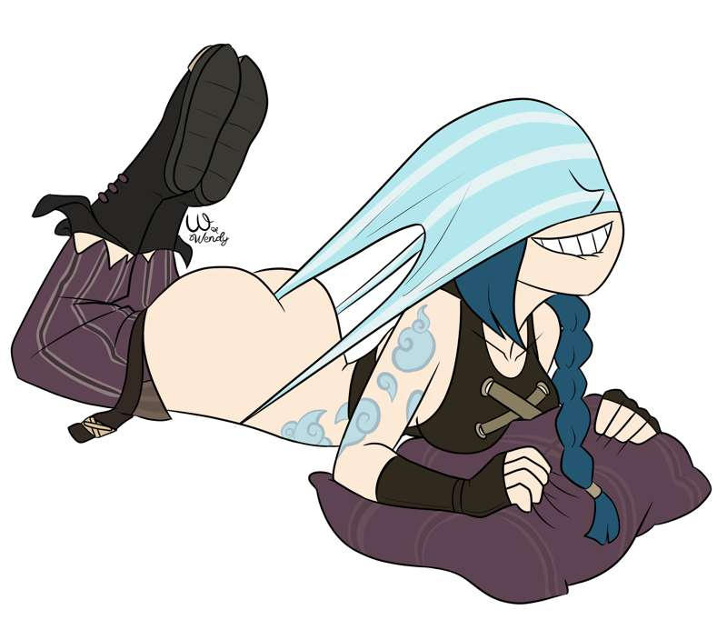 arcane jinx, ass, blue hair, female, jinx (league of legends), league of legends, self wedgie, solo, wedgie, wedgied female, wedgies, wofwendy