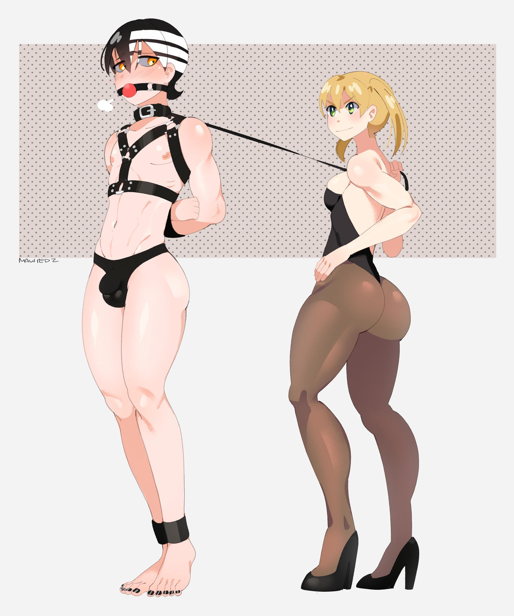 ass, ball gag, bondage, bulge, death the kid, domination, dominatrix, feet, female, femboy, femdom, leash, leash pull, maka albarn, male, malesub, mawiedz, soul eater