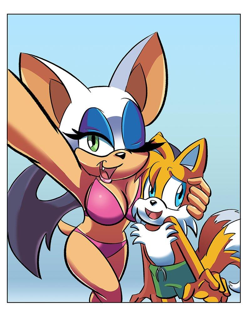 1boy, 1girls, age difference, anthro, anthromorph, armpits, bat, bat wings, bigger female, bikini, chauvels, female, fox ear, fox ears, fox tail, fox tails, glassfish, male, miles prower, older female, older female and younger male, pink bikini, pink swimsuit, pink swimwear, rouge the bat, size difference, smaller male, sonic (series), sonic the hedgehog (series), swimming trunks, swimsuit, swimwear, tails, tails the fox, teenage female, teenager, young, younger male