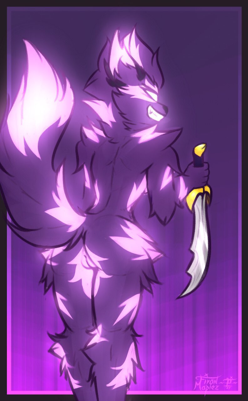 anthro ass asuri_(brawlhalla) brawlhalla empty_eyes felid feline female fur genitals glowing glowing_markings hi_res mammal markings melee_weapon pantherine purple_background purple_body purple_fur pussy signature simple_background solo sword tiger weapon