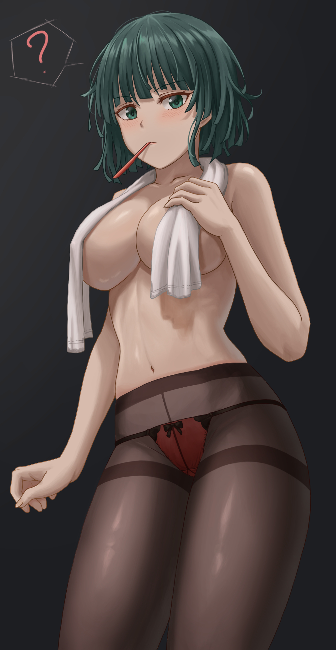 1girls, adult, adult female, belly, belly button, big boobs, big breasts, black background, blush, blushing, bored expression, breasts, brown legwear, brown pantyhose, brown stockings, brown tights, busty, busty female, busty girl, caplk, curvaceous, curvaceous body, curvaceous female, curvaceous figure, curvaceous hips, curvaceous thighs, curvy, curvy body, curvy female, curvy figure, curvy hips, curvy thighs, cute, dark background, dark green hair, dark hair, emotionless, emotionless female, female, female focus, female only, fit, fit female, fubuki (one-punch man), green eyes, green hair, half naked, half nude, hips, indifferent, inframammary fold, large boobs, large breasts, legwear, light skin, light-skinned female, linea alba, lingerie, lips, lipstick, looking at viewer, mature, mature female, medium hair, midriff, naked, naked female, naked woman, navel, no bra, nude, nude female, nudity, oblivious sexualization, one-punch man, panties, pantyhose, pink lips, pink lipstick, plump breasts, red thong, semi nude, short hair, slim, slim waist, solo, solo female, solo focus, stockings, stomach, string panties, thick, thick thighs, thighs, thin waist, thong, tights, toned, toned body, toned female, toned stomach, towel, towel over breasts, unbothered, underwear, voluptuous, waist, wide hips, yj (yojo san)