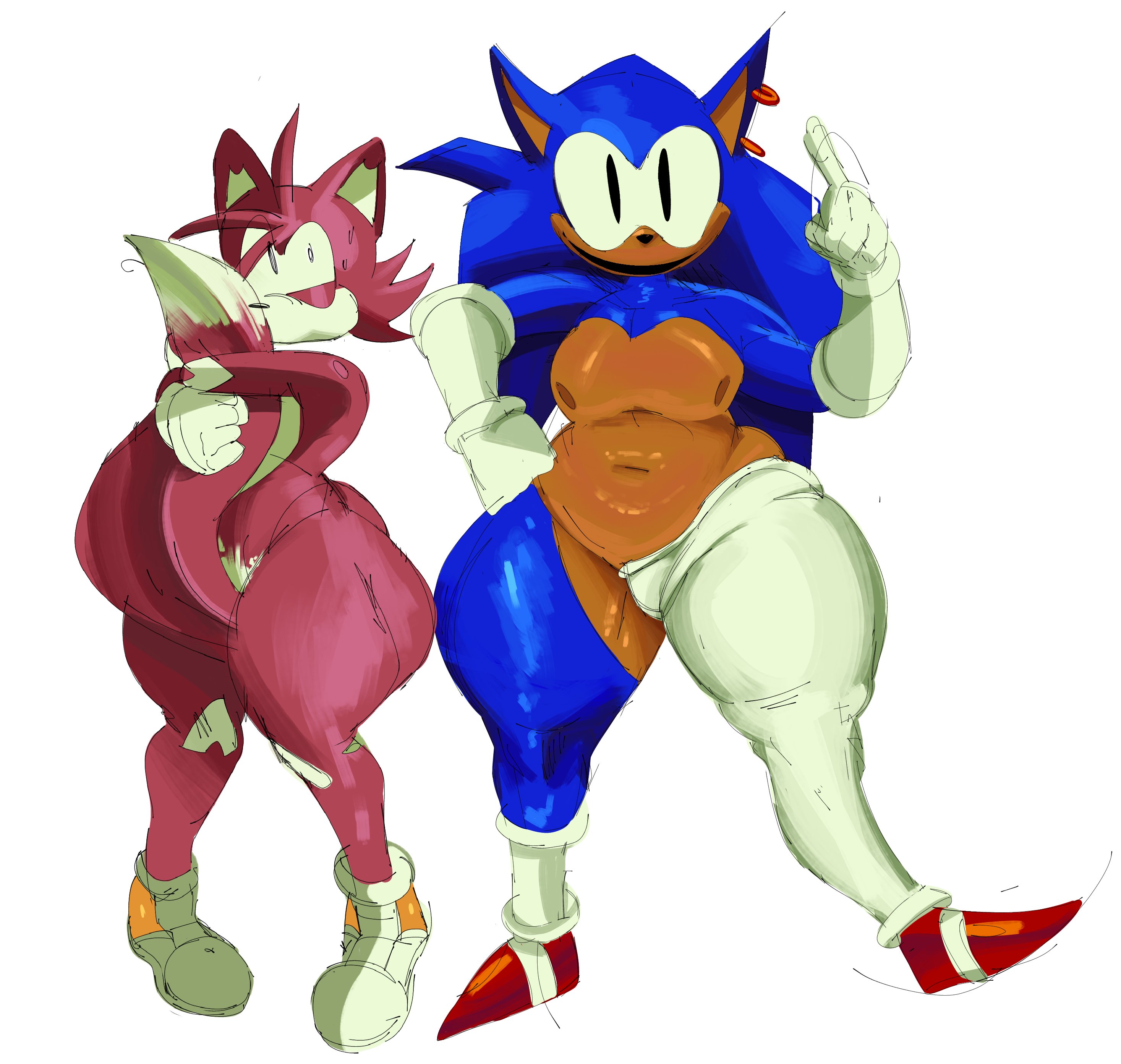 2boys, bulge, femboy, first porn of character, looking at viewer, miles (rewrite), rewrite (sonic.exe), sega, sonic (series), sonic the hedgehog (series), sonic.exe (series), starstar000, stockings, tails the fox, thick thighs