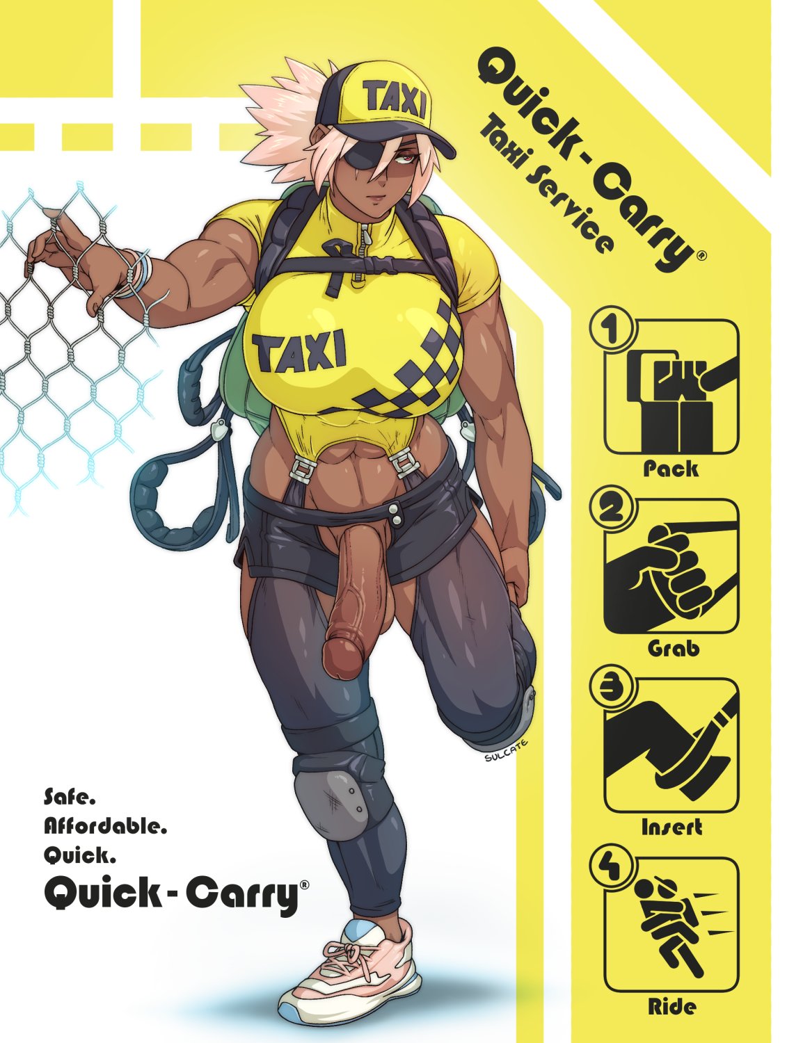 1futa, abs, big breasts, big penis, breasts, clothed, clothing, dahlia (sulcate), dark skin, dark-skinned futa, erection, eyepatch, futa only, futanari, huge breasts, human, intersex, mostly clothed, muscles, muscular, muscular futa, penis, pink hair, quick-carry taxi service (sulcate), short hair, solo, standing, sulcate