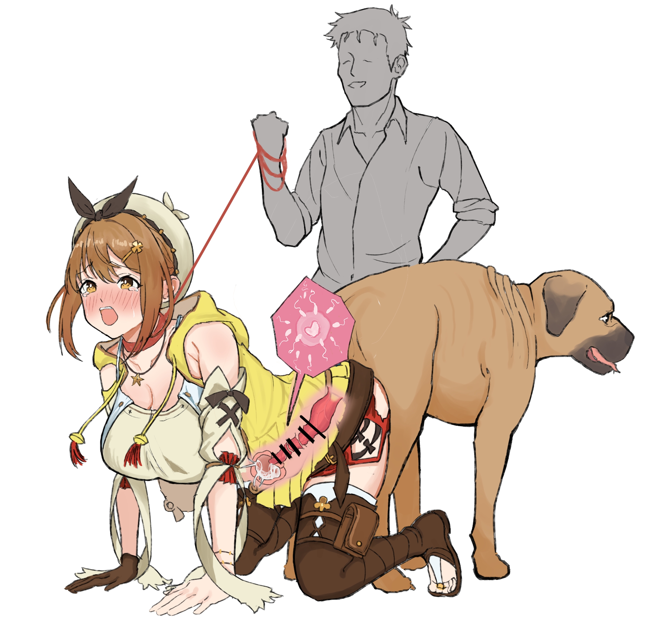 1boy, ass to ass, atelier (series), atelier ryza, atelier ryza 1, bangs, bare shoulders, belt, blush, boots, breasts, brown belt, brown eyes, brown footwear, brown gloves, brown hair, canine, canine on human, censored, cleavage, collarbone, cum in pussy, doggy style, dubious consent, female, female human/male feral, female on feral, femsub, feral, feral on female, feral on human, feral penetrating, feral penetrating human, gloves, hair ornament, hairclip, hat, hood, hoodie, human female, human on feral, human penetrated, impregnation, interspecies, jewelry, knot, knotting, large breasts, light skin, light-skinned female, male, necklace, open mouth, penis, pussy, questionable consent, red shorts, reisalin stout, sex, sex from behind, short hair, short shorts, shorts, single glove, sleeveless, sleeveless jacket, source request, standing, star (symbol), star necklace, straight, thigh boots, thighhighs, thighs, toeless boots, toeless legwear, toes, white headwear, x-ray, year request, zoophilia