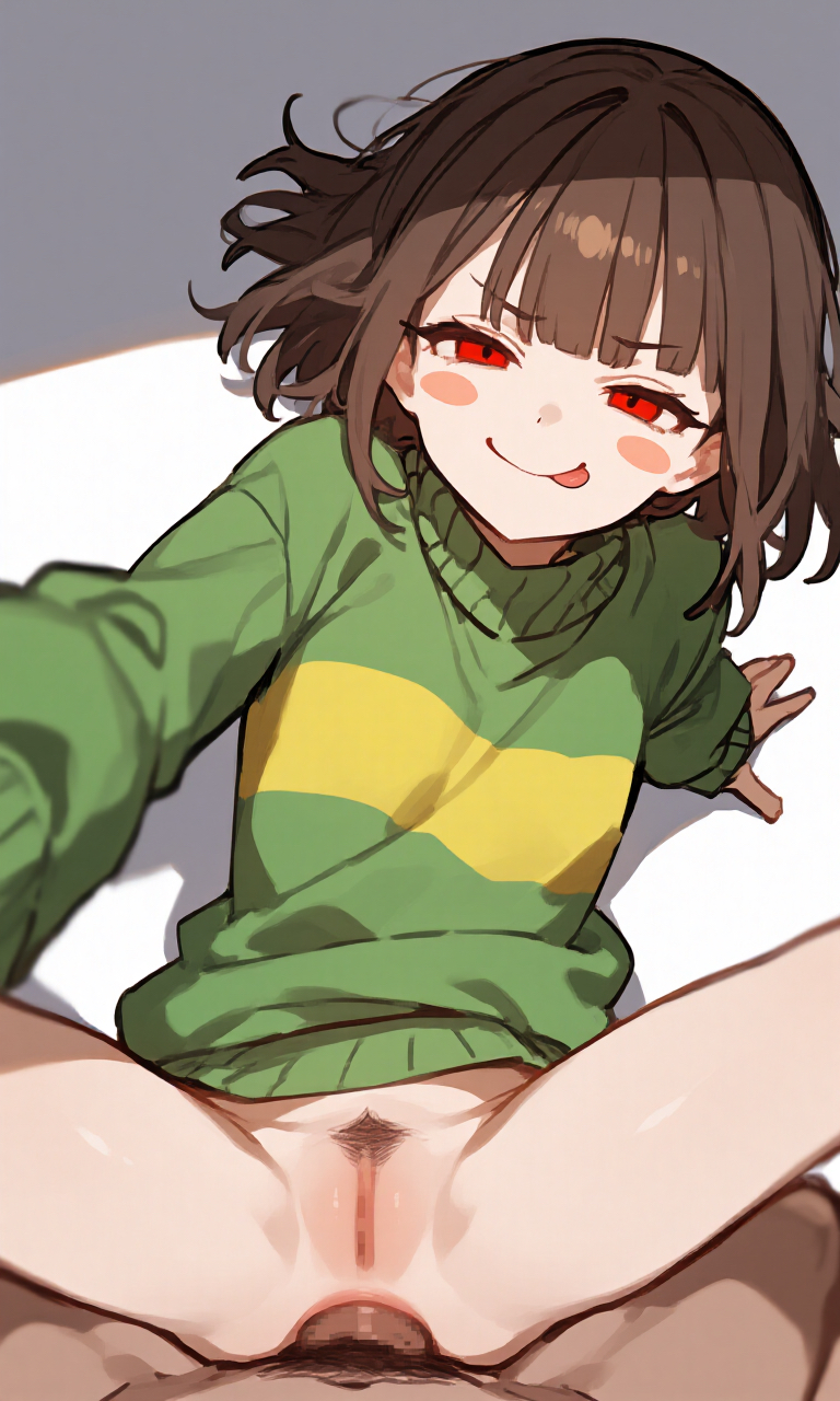 ai generated, anal, anal sex, anus, bottomless, chara, female, looking at viewer, male, penis, pov, pubic hair, pussy, tongue out, undertale, weird