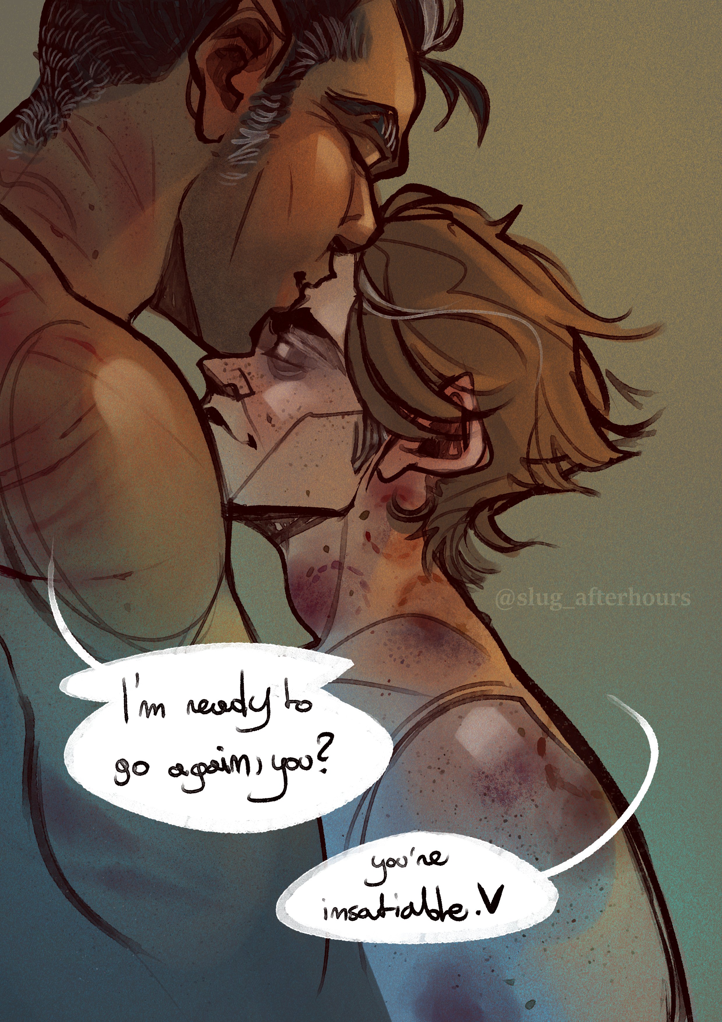 2boys, after sex, aftercare, arcane, arcane jayce, arcane viktor, beard stubble, beefy, bite, bite mark, bite mark on neck, bite mark on shoulder, bite marks, bleeding, blood, blush, bondage, bruise, bruised, bruises, close-up, closed eyes, color, couple, cute, cuts, dom/sub, embrace, english text, eyebags, fit, fit male, forehead kiss, freckles, gay, hair, happy, heart symbol, hickey, hickey marks, highres, imminent sex, in love, jayce talis, kissing, kissing forehead, league of legends, littledisgustingart, love, male, male only, male/male, marks, masochism, mole, mole (marking), moles, muscles, muscular, muscular male, no sex, no visible genitalia, nude, nude male, romantic, sfw, side view, smile, soft, suggestive, talking to another, talking to partner, viktor (league of legends), wholesome, wounded, yaoi