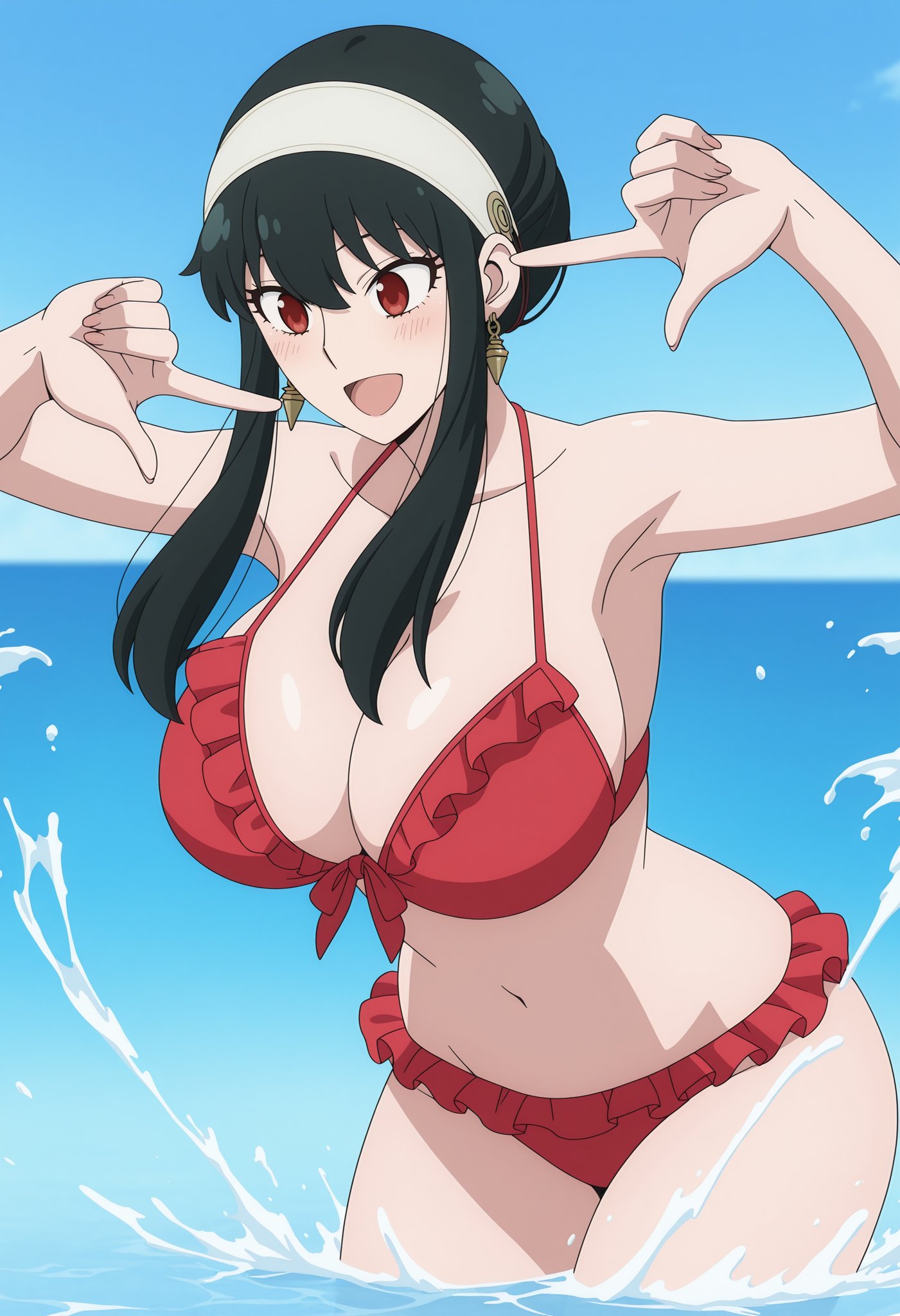 :d, 1girls, ai generated, bikini, black hair, blue sky, blush, breasts, cleavage, earrings, female, frilled bikini, frills, index finger raised, jewelry, large breasts, long hair, looking at viewer, navel, ocean, open mouth, pointing, pointing up, red bikini, red eyes, sidelocks, sky, smile, solo, spy x family, swimsuit, wading, water, yor briar, yor forger