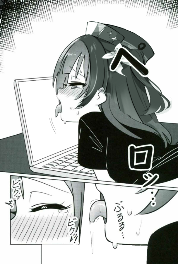 1girls ahe_gao ahegao blush clothed deadnoodles_(@deadnooodles) edit female greyscale hina_misora horny horny_female japanese_text laptop licking licking_screen meme png saliva sweat transparent_png virtual_youtuber wactor wactor_es wactor_production