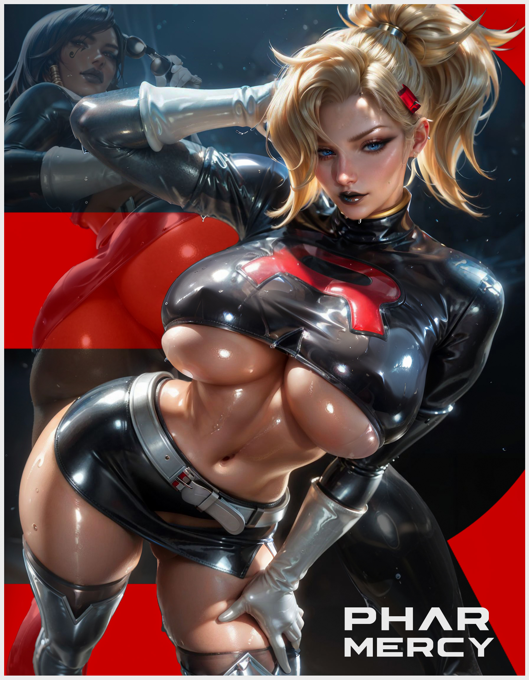 1girls, ai generated, ass, big ass, big breasts, black lipstick, blonde female, blonde hair, blue eyes, breasts, caucasian, caucasian female, corruption, cosplay, crop top, crossover, crossover cosplay, darkblazeai, female, female only, large breasts, latex, mercy, overwatch, pharah, pokemon, skirt, swiss female, team rocket, thick thighs