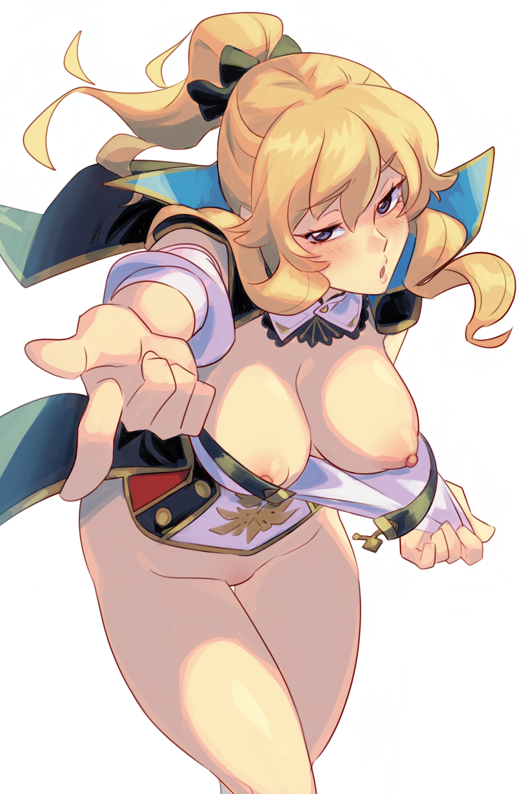 1girls, alternate version available, big breasts, blonde female, blonde hair, blue eyes, bow, breasts, breasts out, cleavage, clothed, clothing, female, female focus, female only, genshin impact, hi res, hoyoverse, jean gunnhildr, light skin, light-skinned female, mihoyo, mikk, mikkusushi, nipples, no panties, no pants, ponytail, thighs, transparent background
