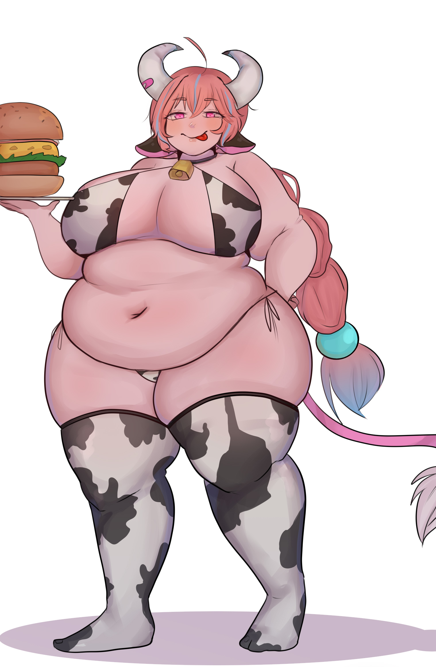 1girls, 2025, barely clothed, belly, breasts, burger, chubby, cow girl, cow print, cow print bikini, cow print thighhighs, cow tail, exposed fat belly, fat, fat female, fat natlan girls, female, female only, genshin impact, holding food, holding object, horns, hoyoverse, huge breasts, light skin, long hair, natlan girls, obese, overweight, pink hair, solo female, sweet milk, thick thighs, tongue out, tummy, varesa (genshin impact), weight gain, weight gain female, wide hips
