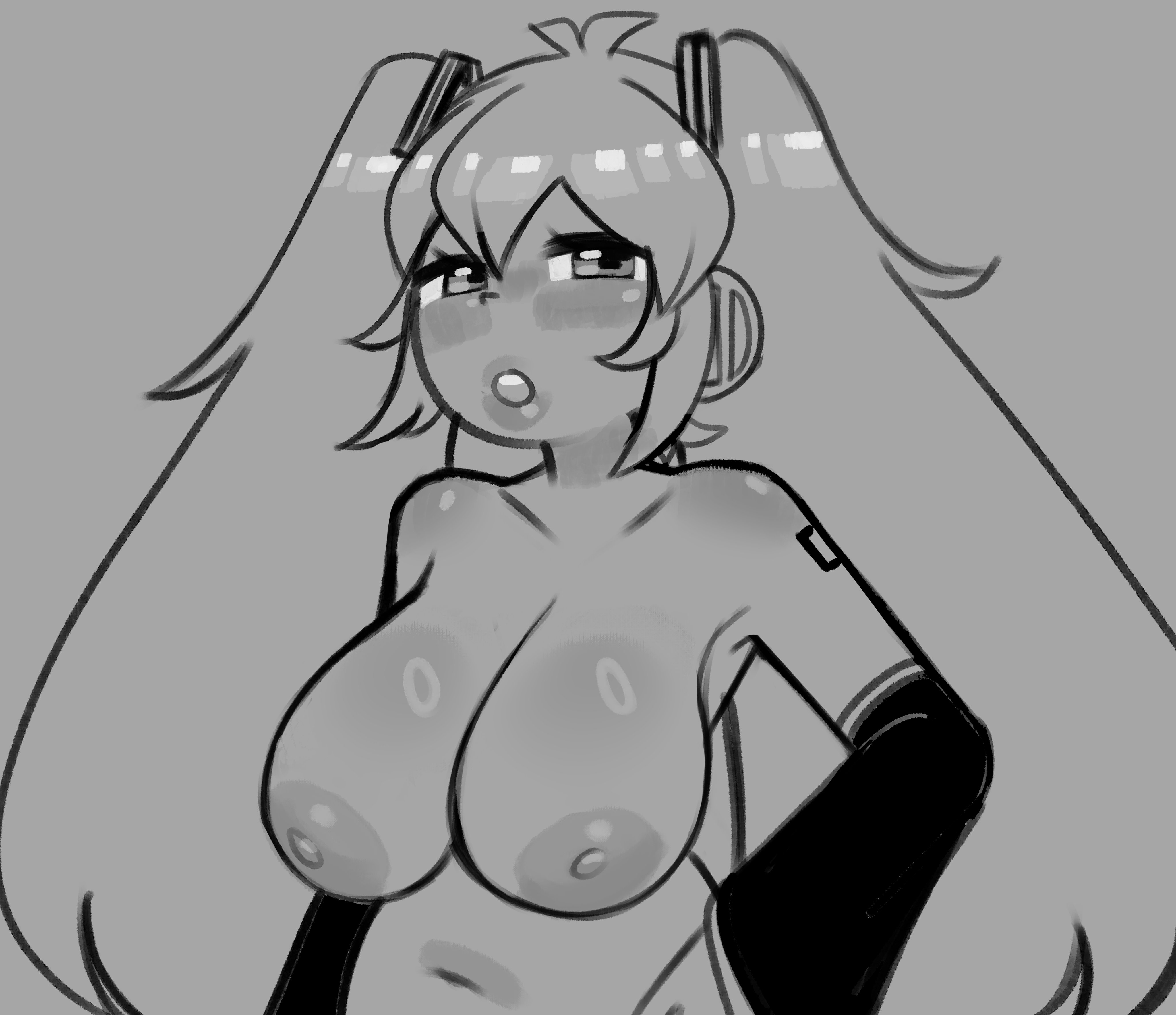 :o, 1girl, 1girls, 2025, alternate breast size, areola, areolae, bedroom eyes, big breasts, blush, breasts, chubby, detached sleeves, earrings, female, female only, grey background, greyscale, hand on hip, hatsune miku, large areolae, large breasts, lips, long hair, looking at viewer, monochrome, navel, nipples, nude, partially clothed, simple background, solo, solo female, tagme, toookifu, twintails, upper body, very long hair, vocaloid
