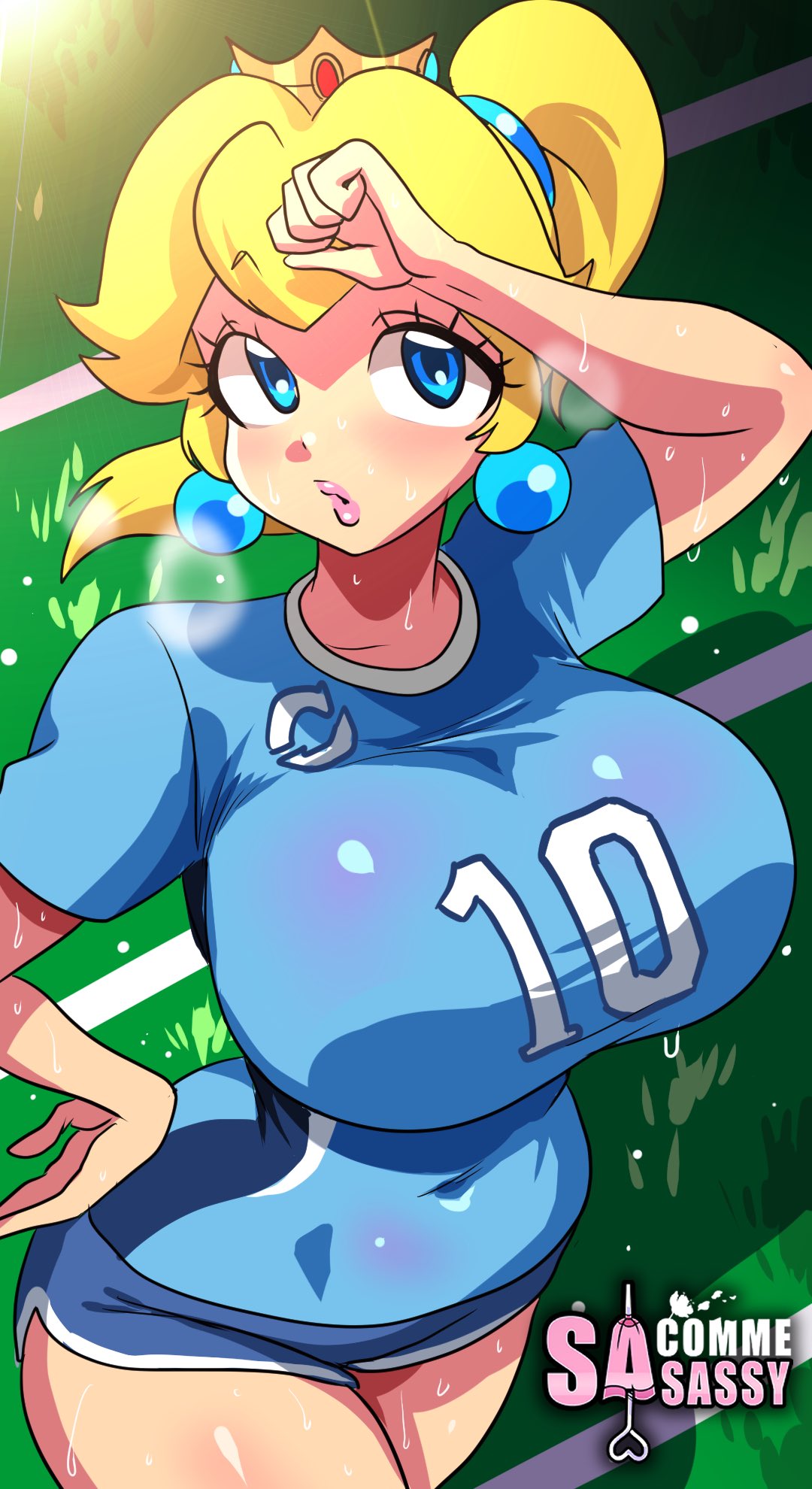 6:11 alternate_breast_size big_breasts blonde_hair blue_eyes blue_shorts breasts crown female female_only football football_player football_uniform hotpants huge_breasts jersey large_breasts light-skinned_female light_skin lipstick looking_at_viewer mario_(series) mario_strikers nintendo ponytail princess_peach sasatseng sports_jersey sweat sweaty sweaty_body thick_thighs wide_hips