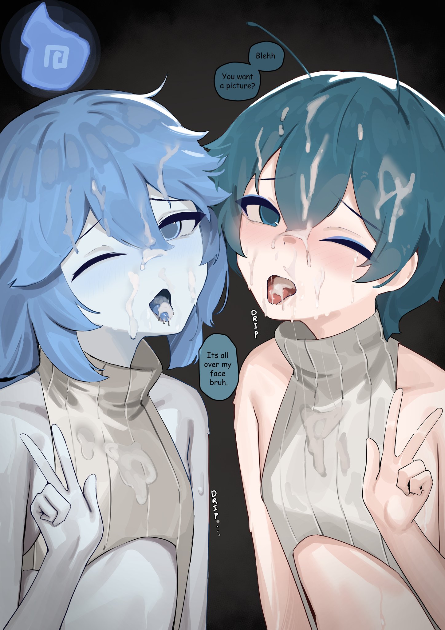 2boys, after deepthroat, after fellatio, after oral, alien, alien boy, blue eyes, blue hair, blue skin, bukkake, cum, cum covered shuu, cum in mouth, cum on body, cum on face, cum on hair, cum on tongue, cum stains, exposed navel, gay, heads together, hollow eyes, looking at viewer, male, male only, pale skin, peace sign, shuu sakurai, somber vt, tounge out, twink, virgin killer sweater, virtual youtuber, will-o-wisp, wisp flame