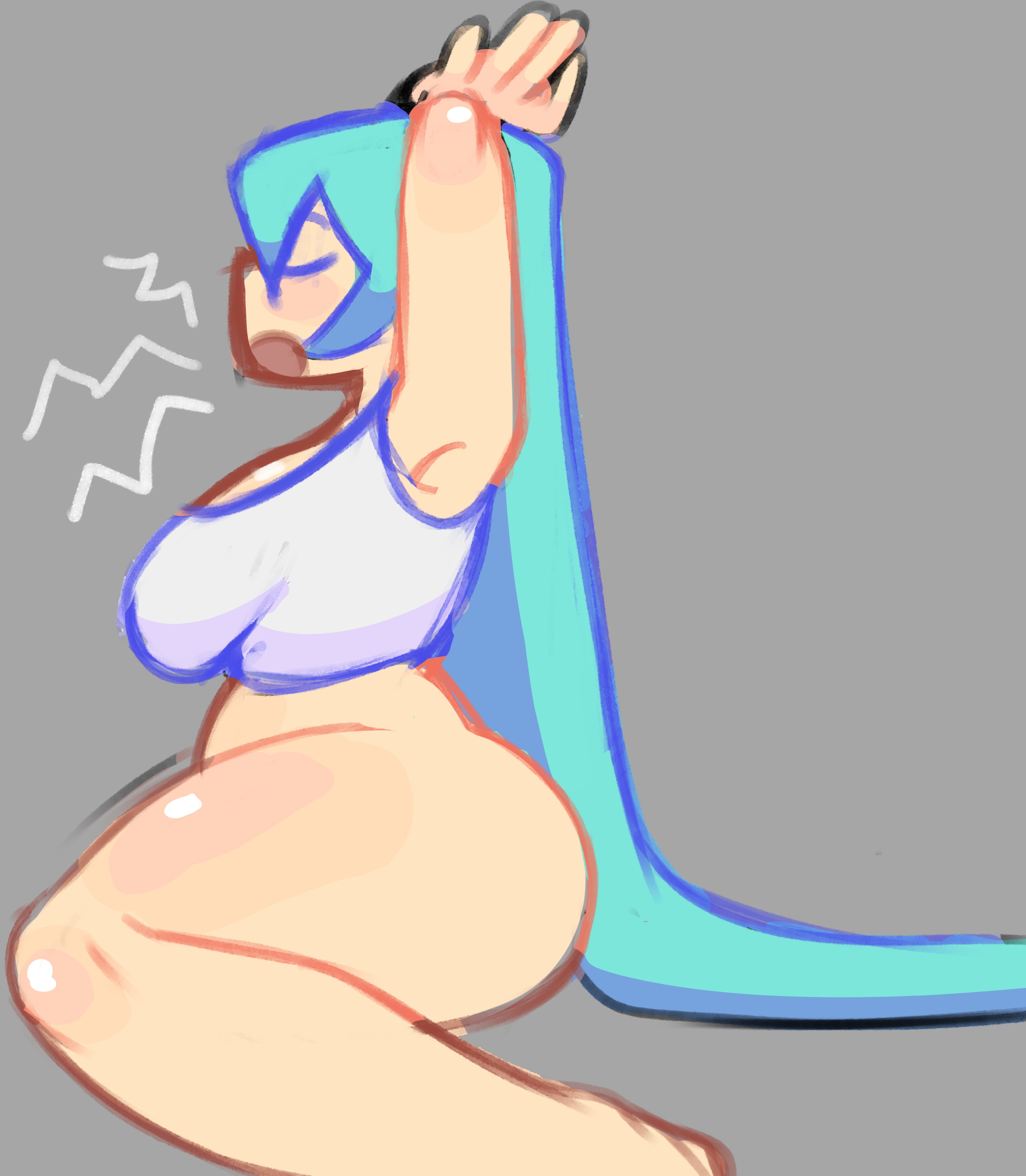 1girl, 1girls, 2025, aqua hair, armpits, arms up, ass, bbw, big ass, big breasts, big butt, blue hair, bottomless, breasts, chubby, closed eyes, fat, fat ass, female, from side, grey background, hatsune miku, hyper ass, large breasts, long hair, open mouth, partially clothed, profile, side view, simple background, sitting, solo, solo female, solo focus, straight hair, stretching, tagme, thick thighs, thighs, toookifu, twintails, very long hair, vocaloid, yawning