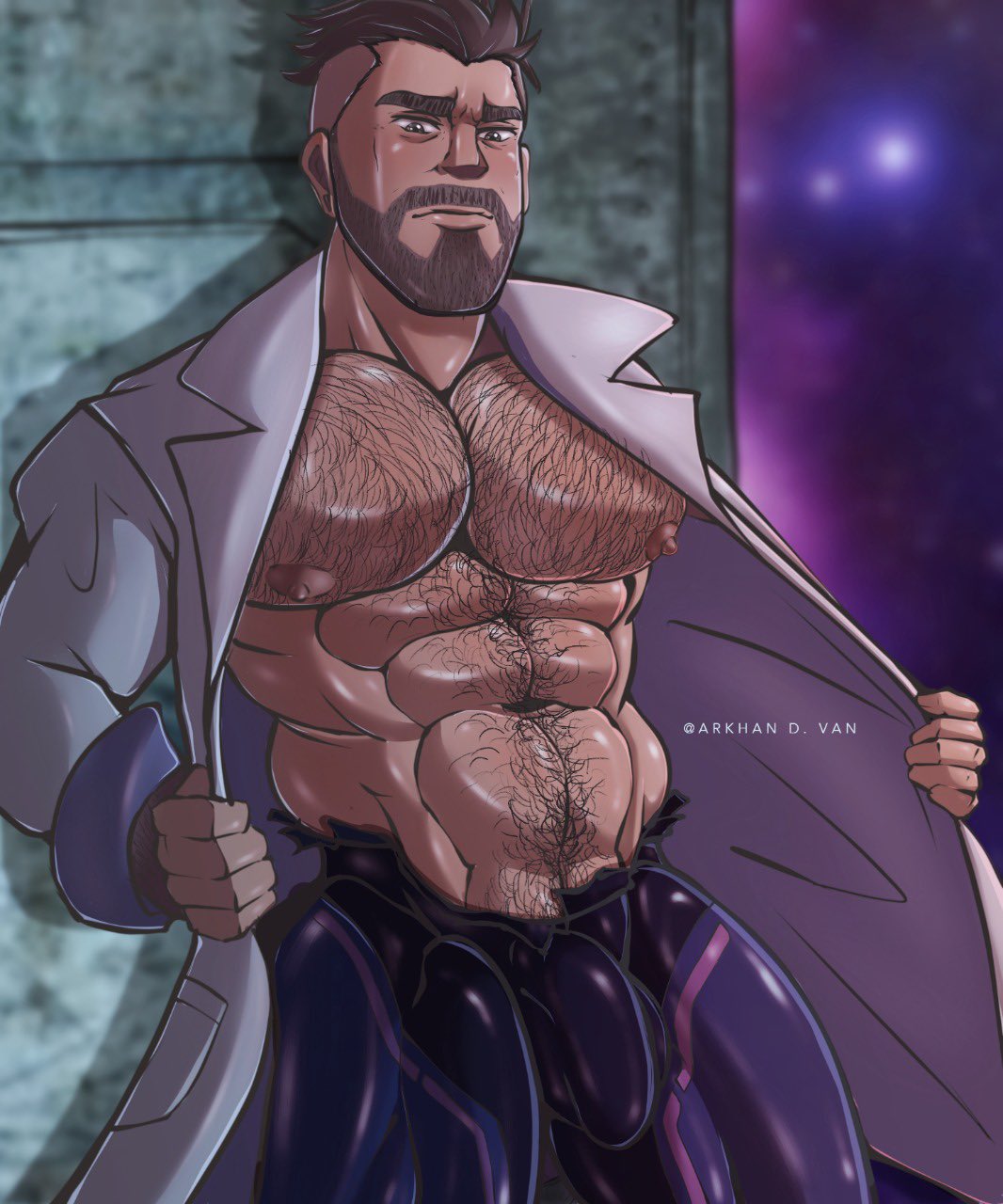 arkhandvan bulge hairy male_only muscles muscular muscular_male open_coat penis_outline pokemon pokemon_sv professor_turo