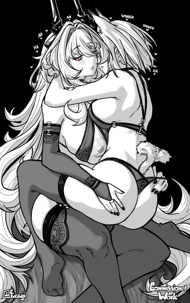 2girls, arknights, ass, breasts, cupless bra, doomed yuri, female, female only, furauji, kal'tsit (arknights), limited palette, monochrome, red eyes, tail, tailwag, theresa (arknights)