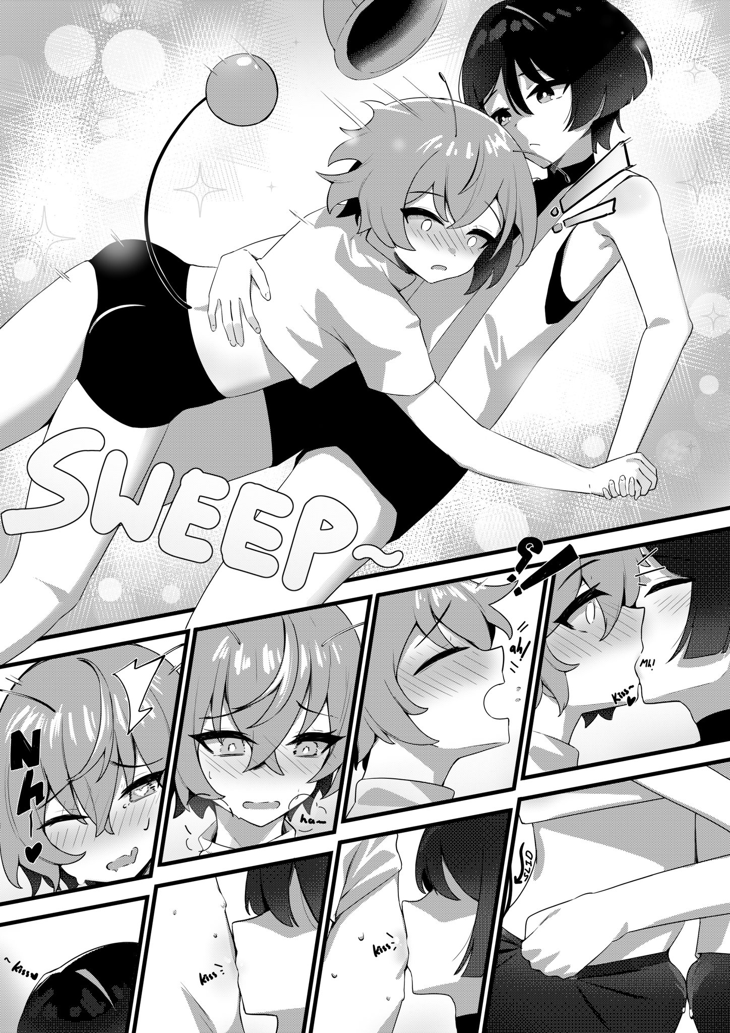 2boys, alien, alien boy, alien tail, arm grab, blush, bulge rubbing, bulge through clothing, gay, gay sex, genshin impact, heart-shaped pupils, hug, kissing, male, male only, moaning, navel kiss, nipple kiss, nipple suck, open mouth, scaramouche (genshin impact), shuu sakurai, text, undressing, virtual youtuber, yaoi