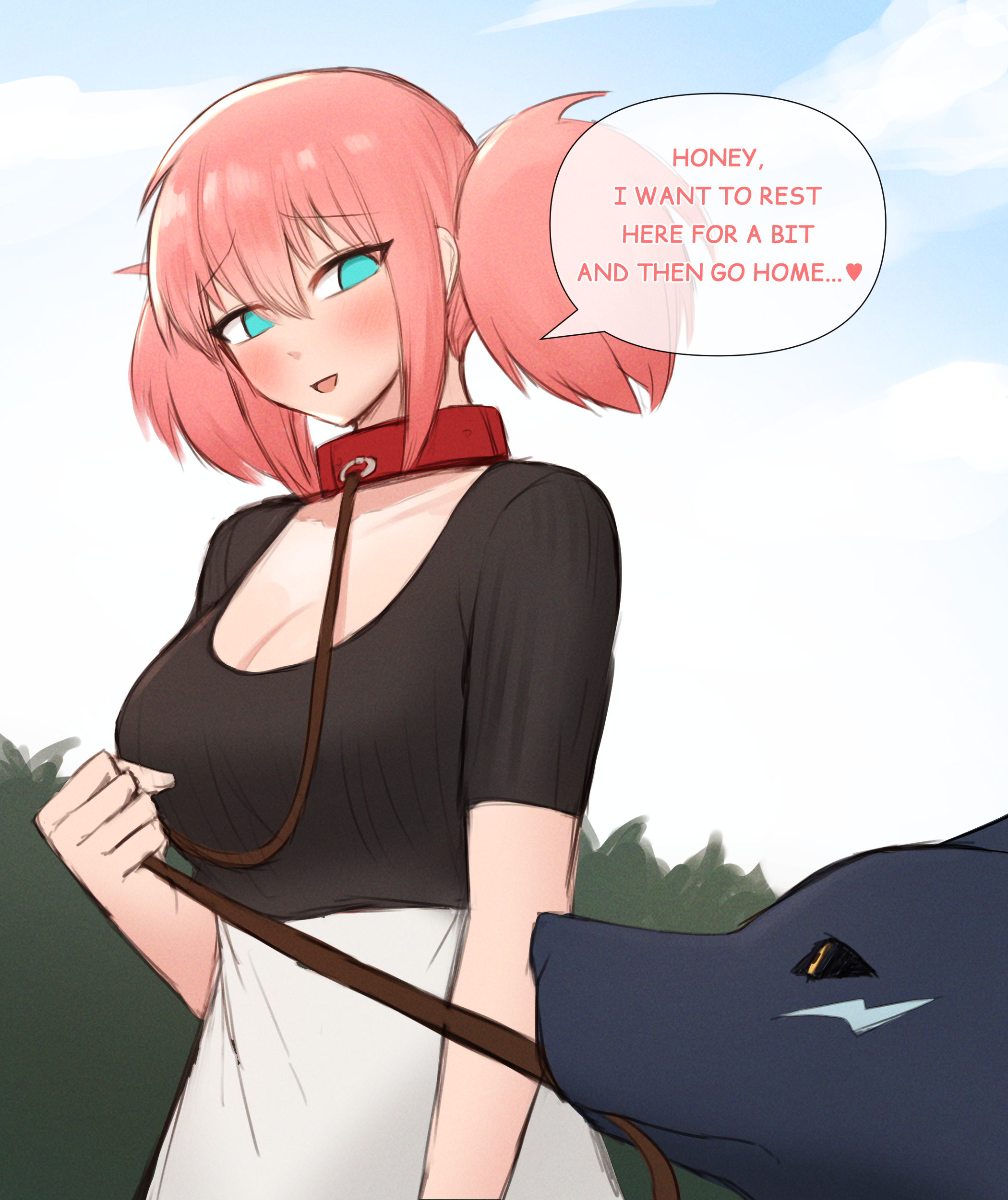 animal holding leash, blue eyes, canine, canine on human, collar, female, feral, feral holding leash, feral on female, feral on human, human female, human on feral, human pet feral owner, imminent bestiality, imminent sex, interspecies, leash, leash in mouth, leashed female, nika (artist), original, original character, pale skin, pale-skinned female, pink hair, zoophilia